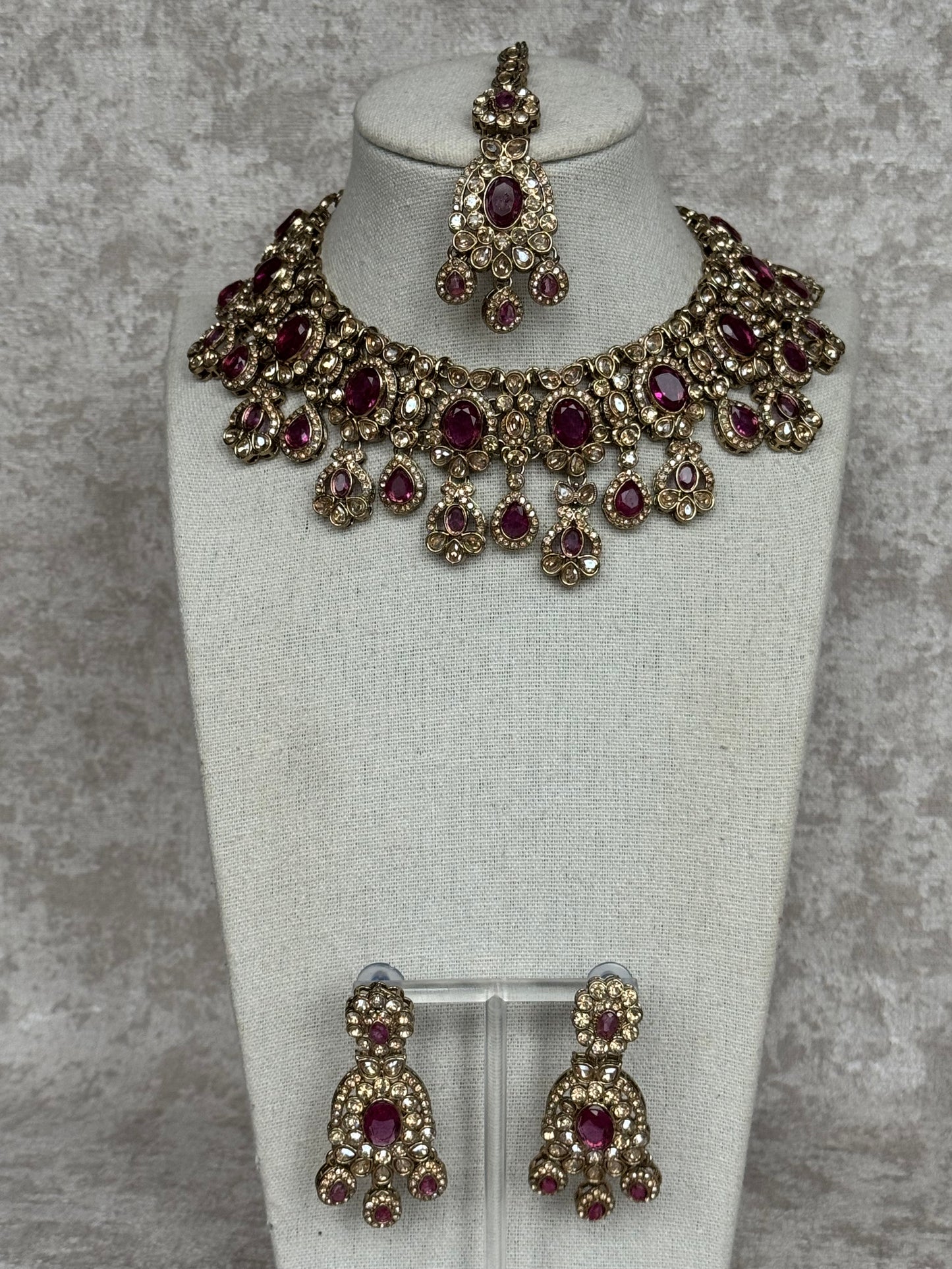 Plum Statement Necklace Set | With Earrings & Tikka