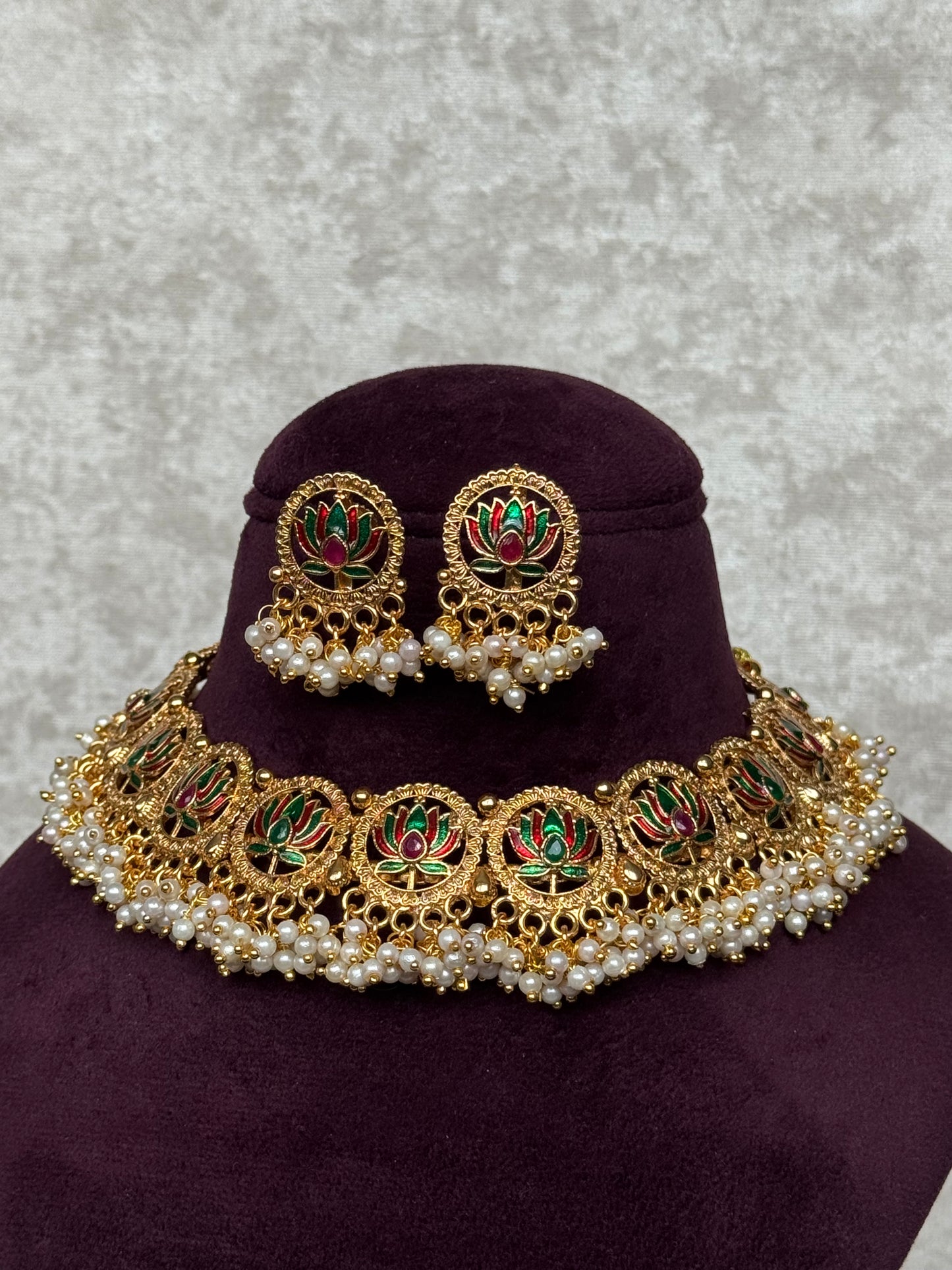 Lotus Clustered Pearl Style Necklace Set | The Tara Collection