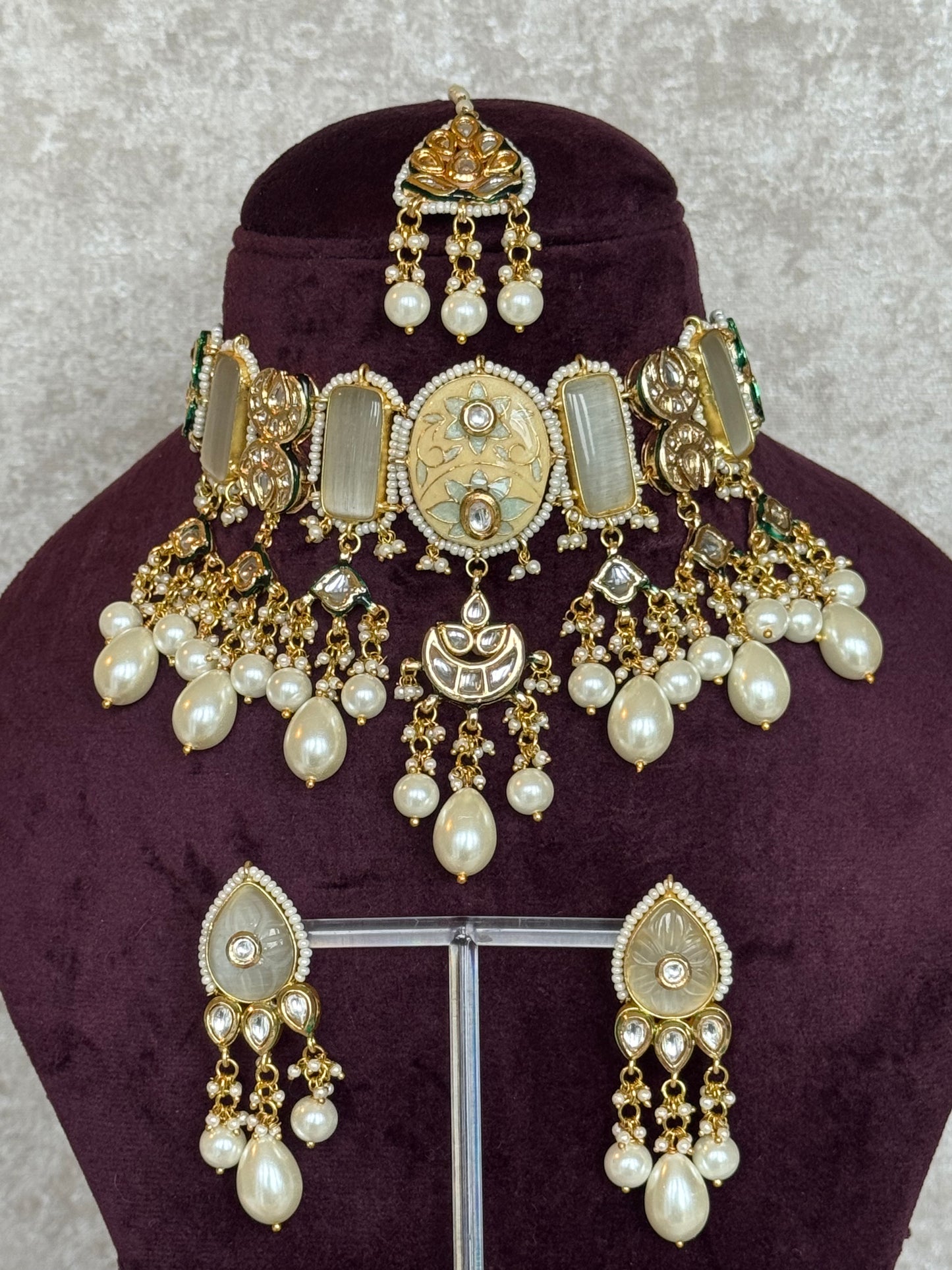 Meenakari Choker Set with stone drops | Necklace, Earrings & Tikka | The Tara Collection