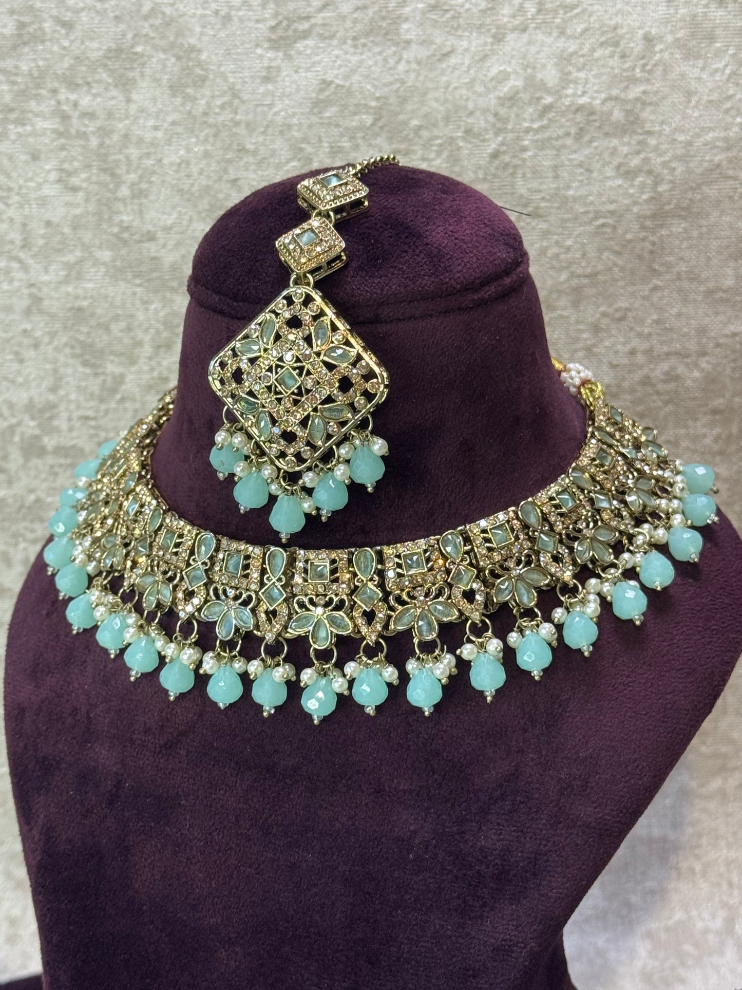Champagne Gold Necklace Set with Jhumka & Square Tikka | The Tara Collection