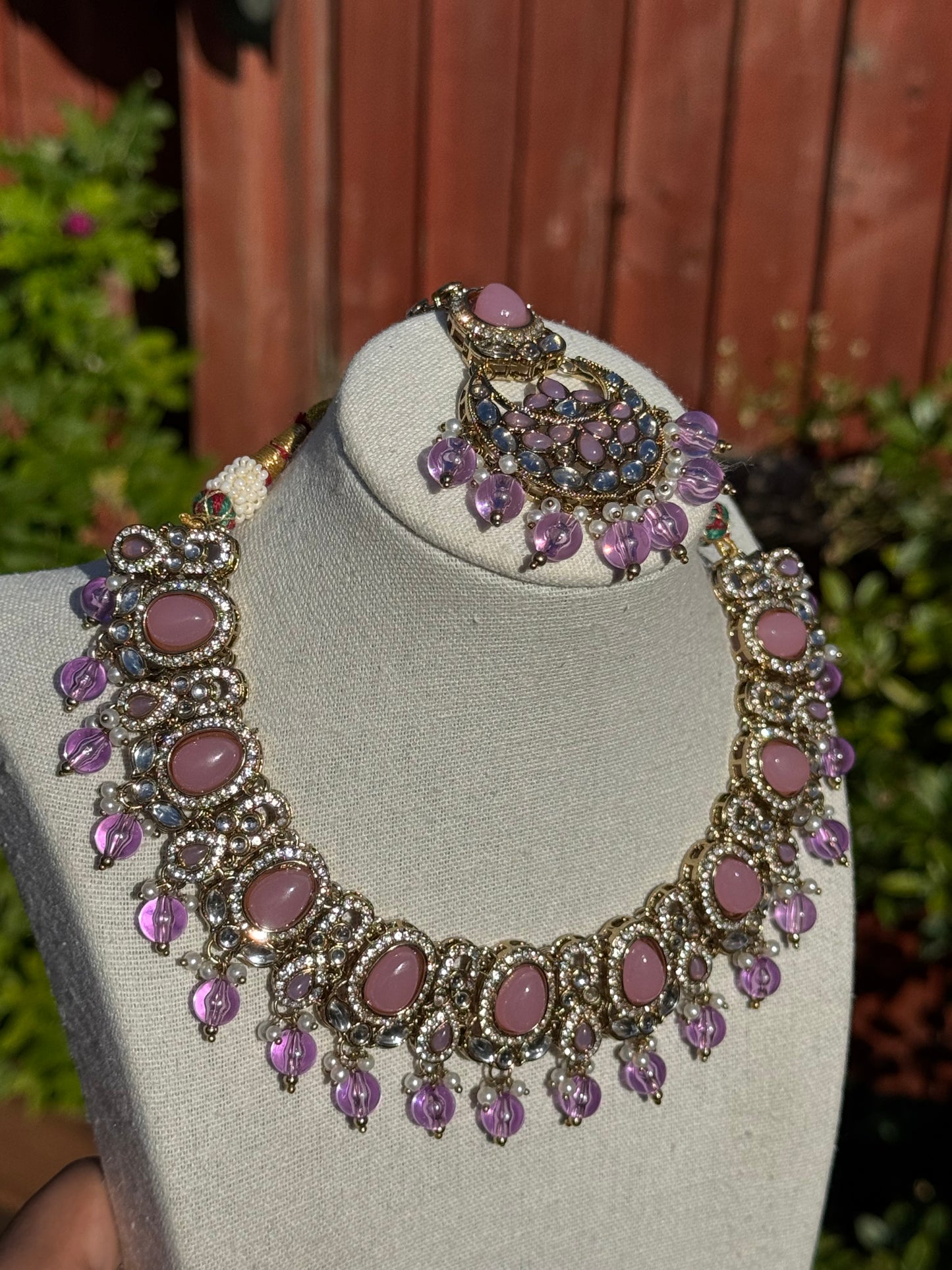Purple & Pink Necklace Set with Tikka