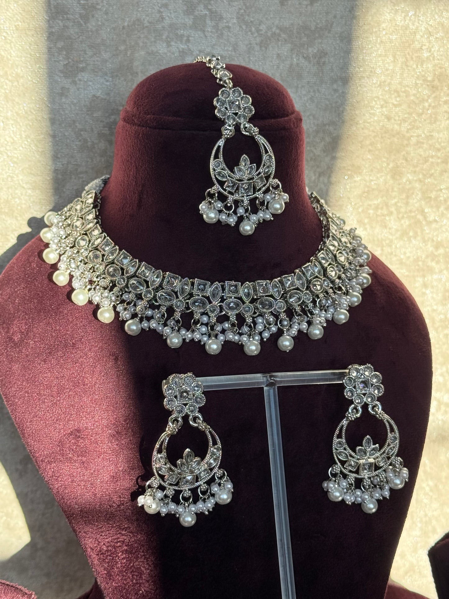 Crystal Champagne Stone Necklace Set (with earrings & tikka)