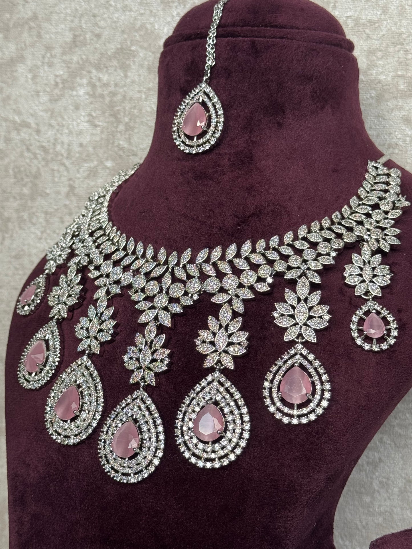 Semi Bridal AD Set | Baby Pink Statement Necklace, Earrings & Tikka