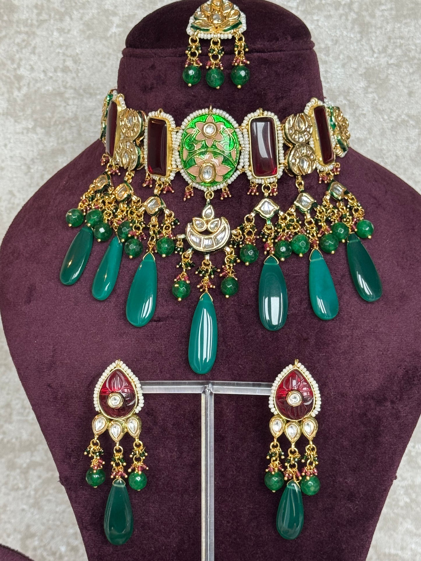 Meenakari Choker Set with stone drops | Necklace, Earrings & Tikka | The Tara Collection
