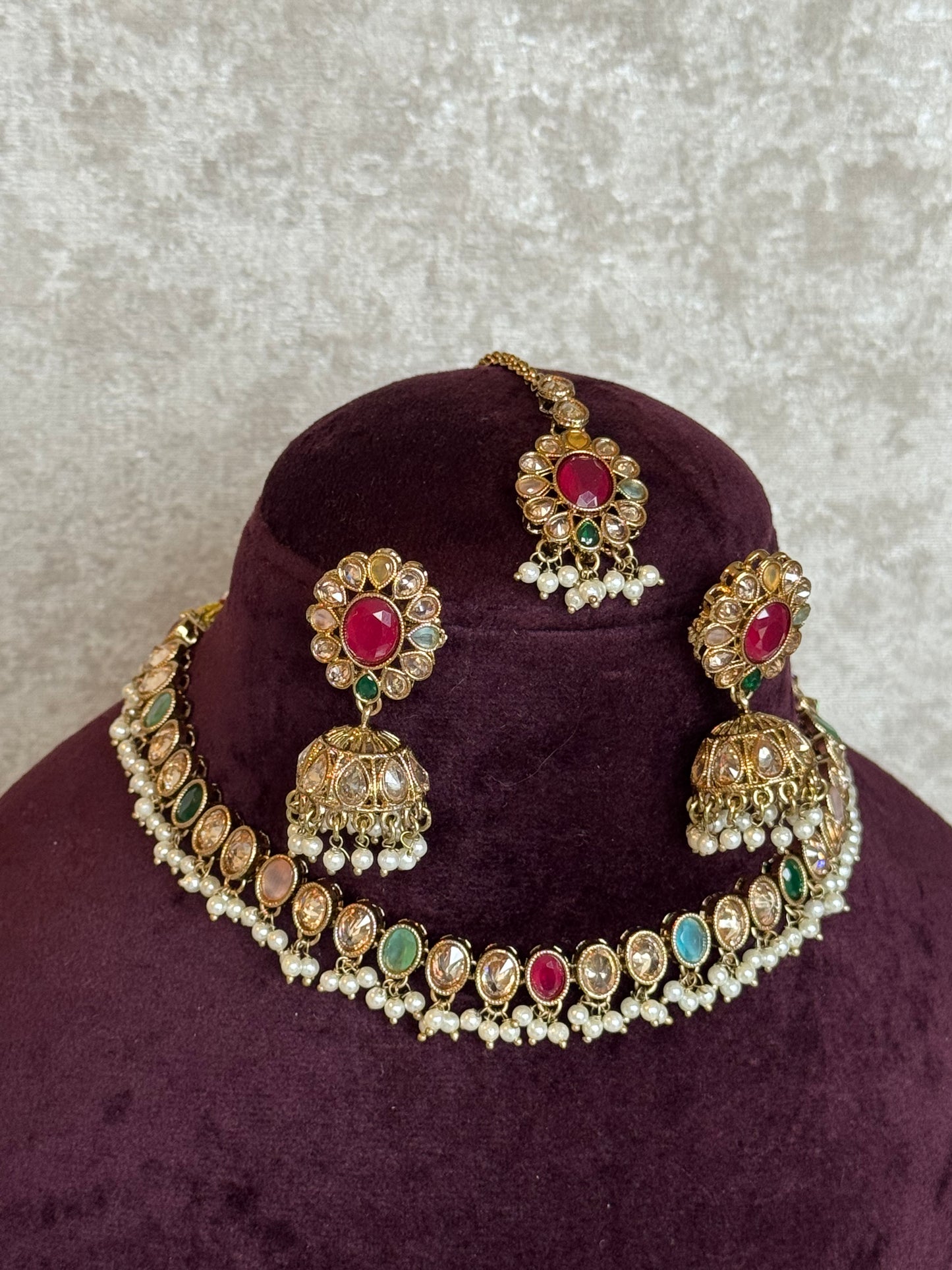 Slim Necklace set | Necklace, Jhumka earrings, Tikka | The Tara Collection