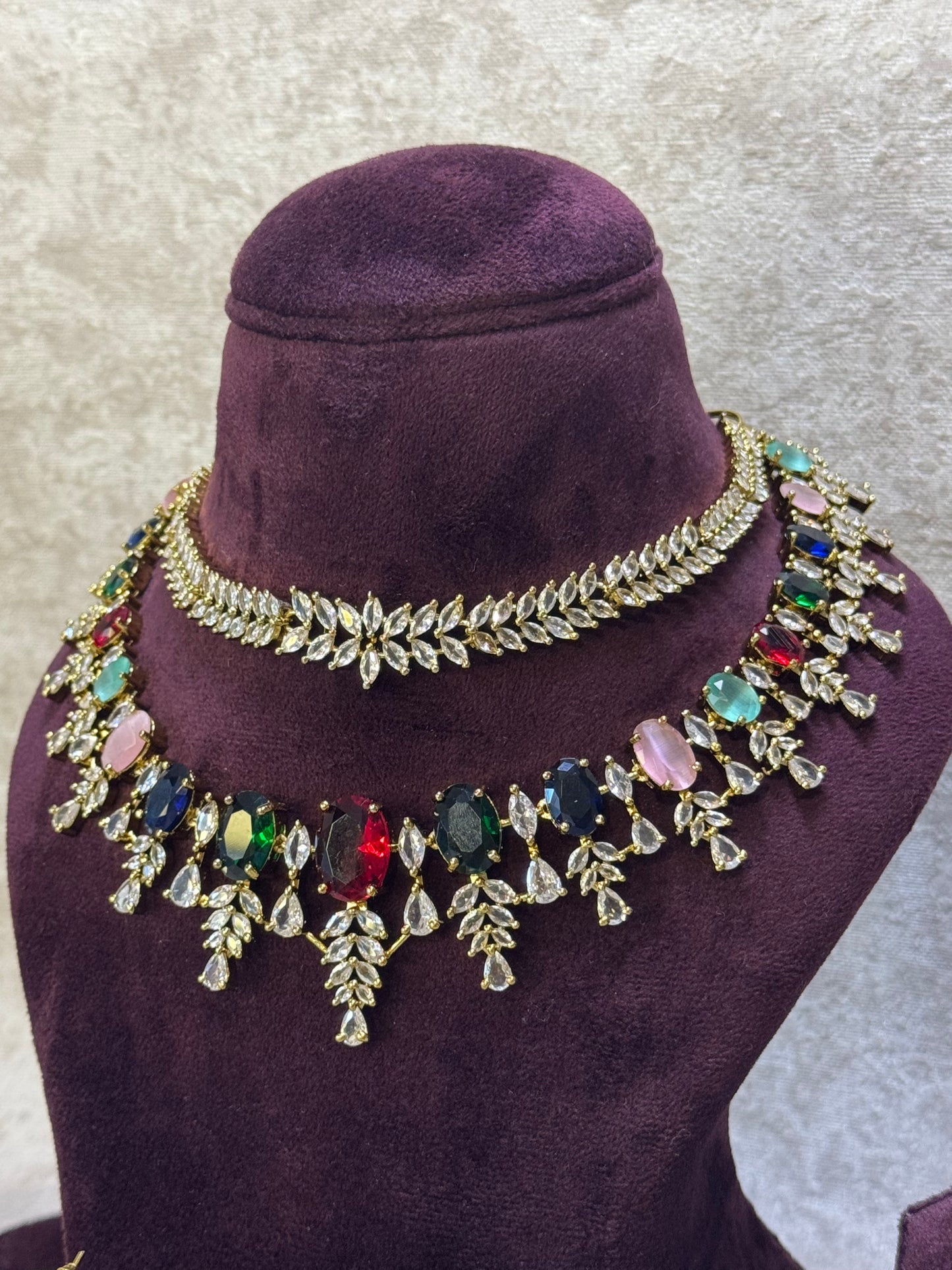 Double Layer American Diamond Necklace Set | The Tara Collection