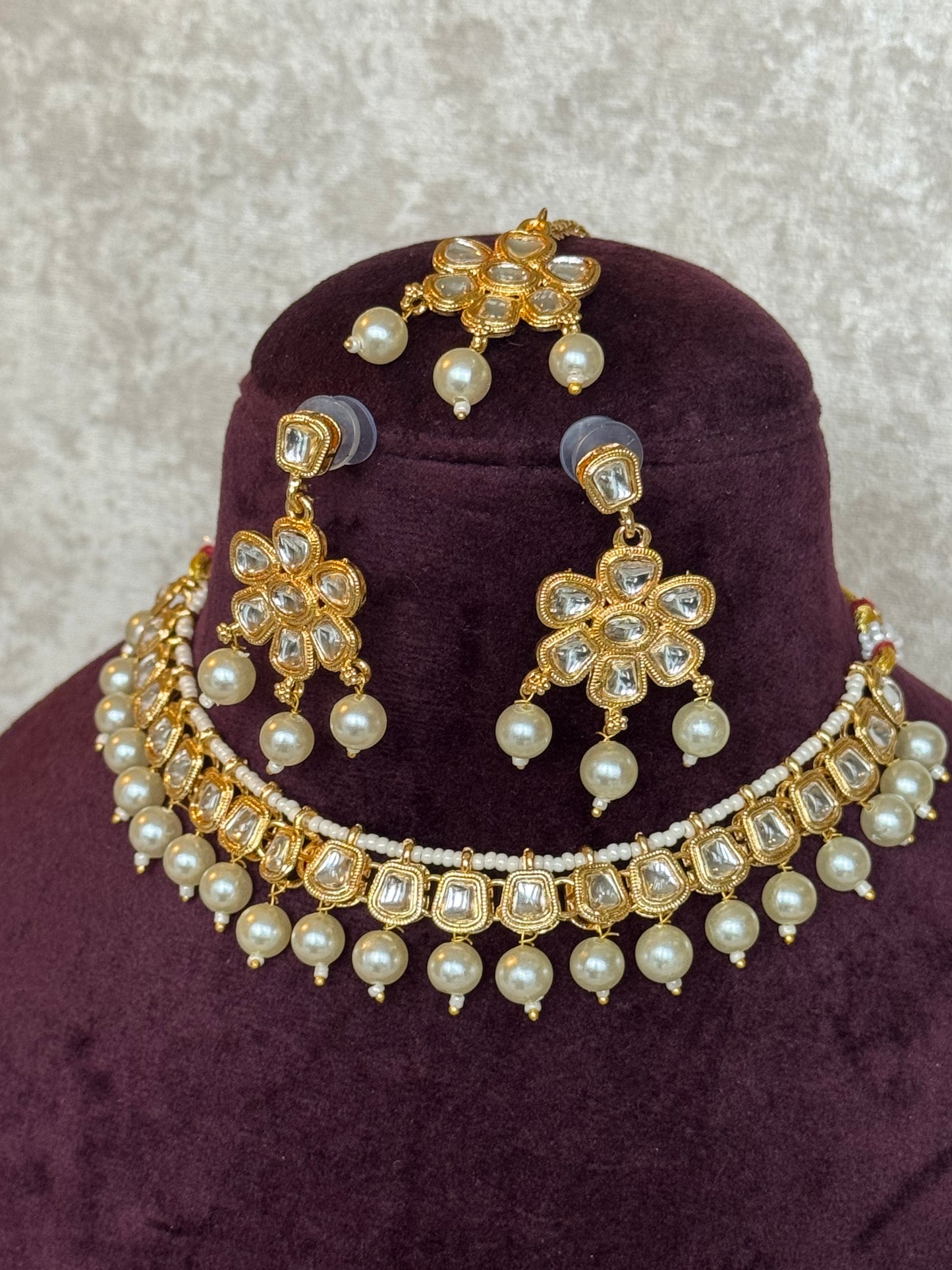 Kundan & Pearl Floral Necklace Set | Necklace, Earrings, Tikka | The Tara Collection