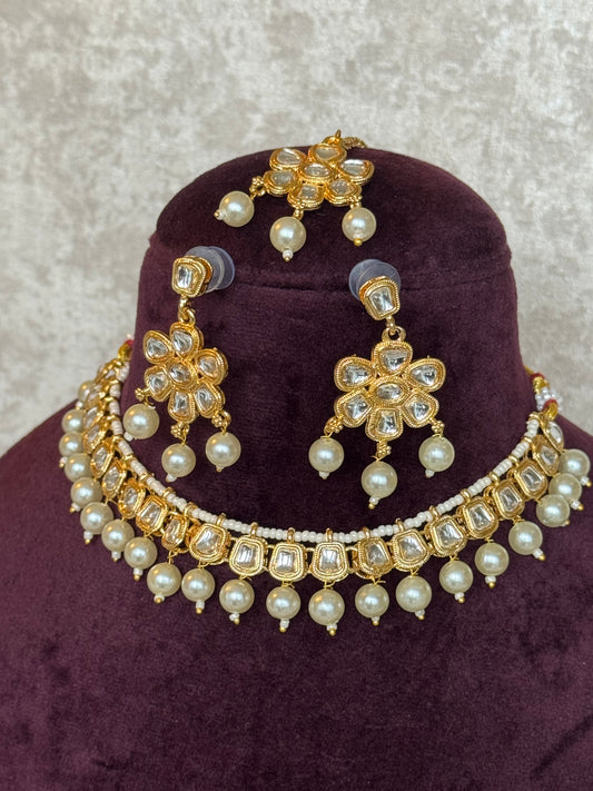 Kundan & Pearl Floral Necklace Set | Necklace, Earrings, Tikka | The Tara Collection