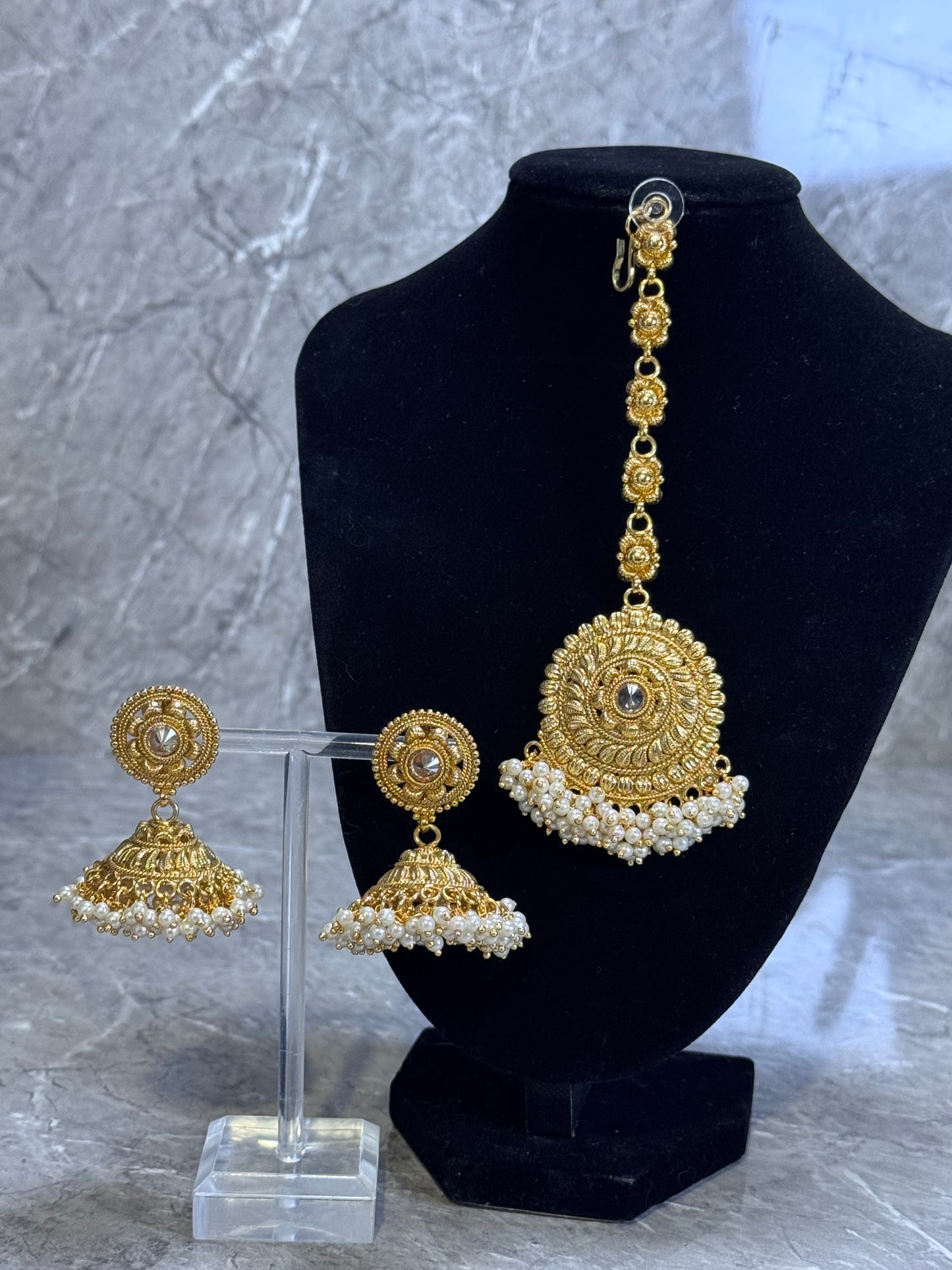Gold Plated Clustered Pearl Style Tikka Set | The Tara Collection
