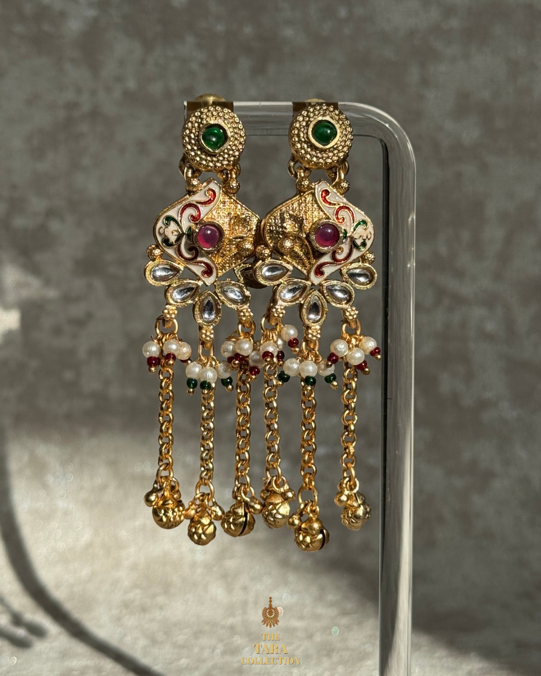 Antique Gold Ghungroo Drop earrings with Meenakari detail