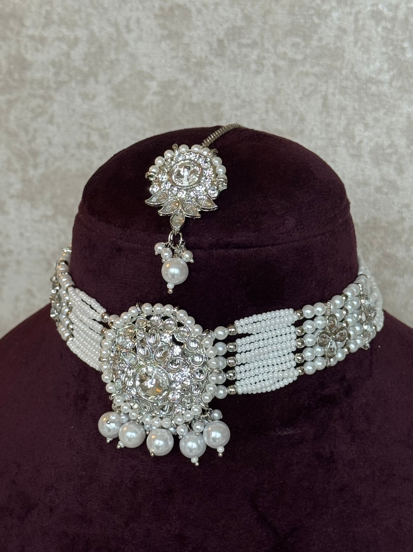 White beaded choker set | Necklace, Earrings & Tikka | The Tara Collection