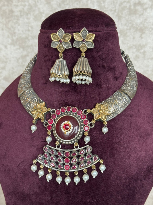 Oxidised Hasli Necklace Set | Necklace & Earrings | The Tara Collection