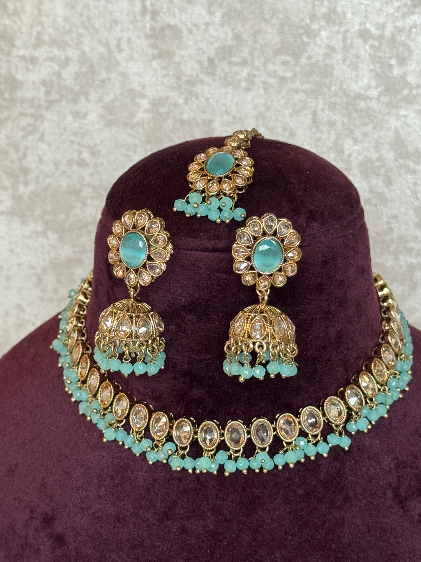 Slim Necklace set | Necklace, Jhumka earrings, Tikka | The Tara Collection