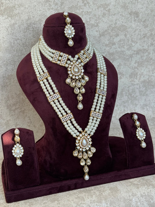 Pearl & Kundan Mala Necklace Set | Necklace, Mala, Tikka, Earrings