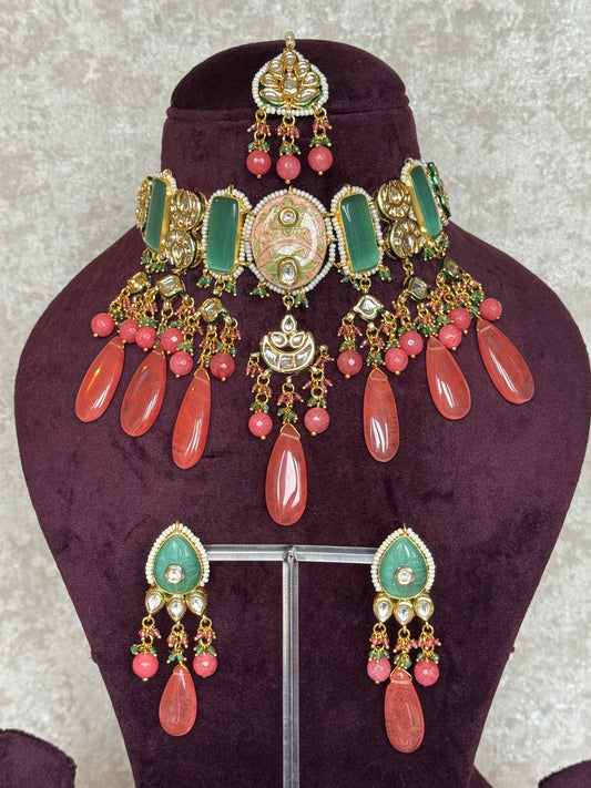 Meenakari Choker Set with stone drops | Necklace, Earrings & Tikka | The Tara Collection