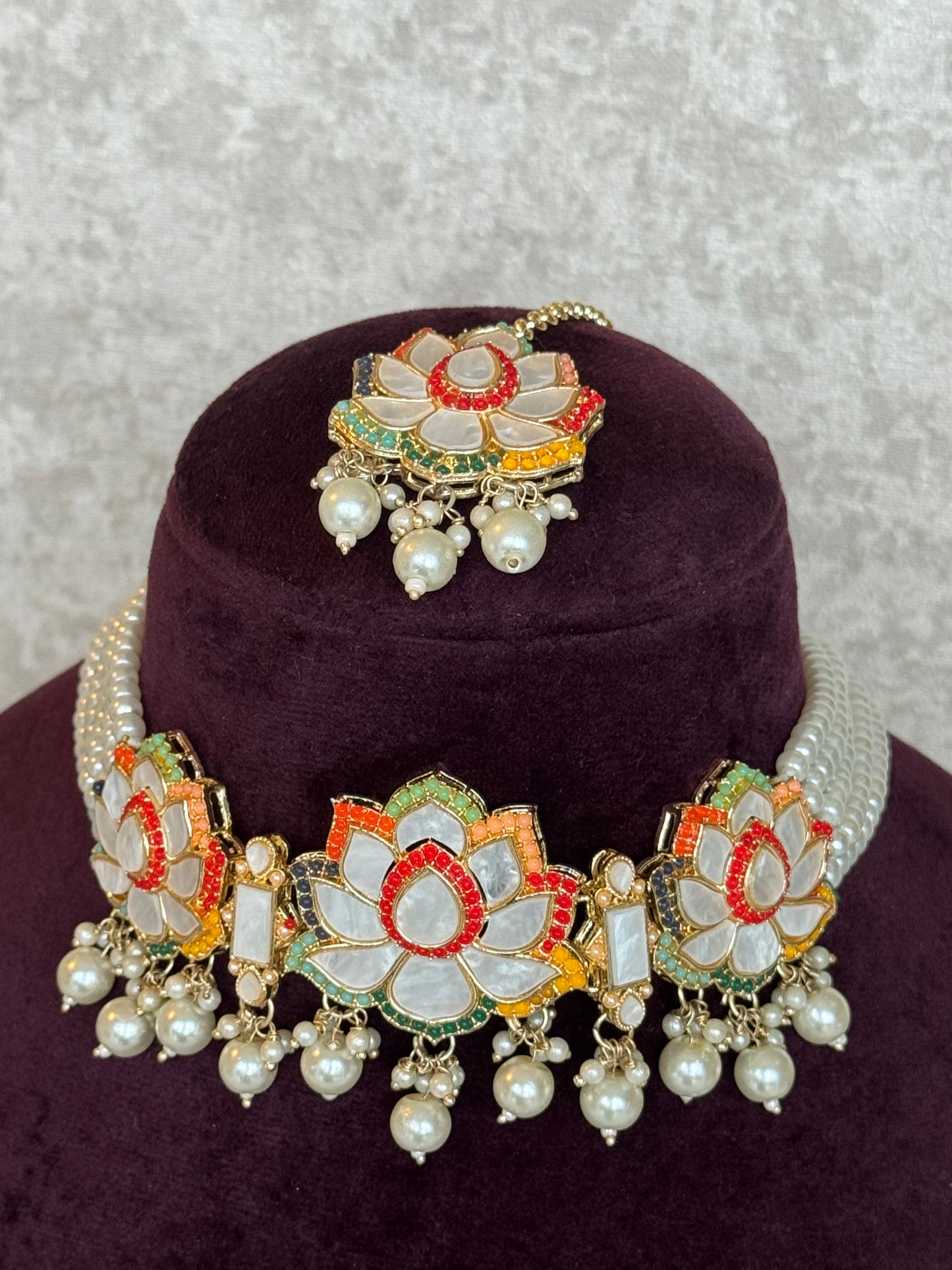 Mother of Pearl choker set | Necklace, Earrings & Tikka | The Tara Collection