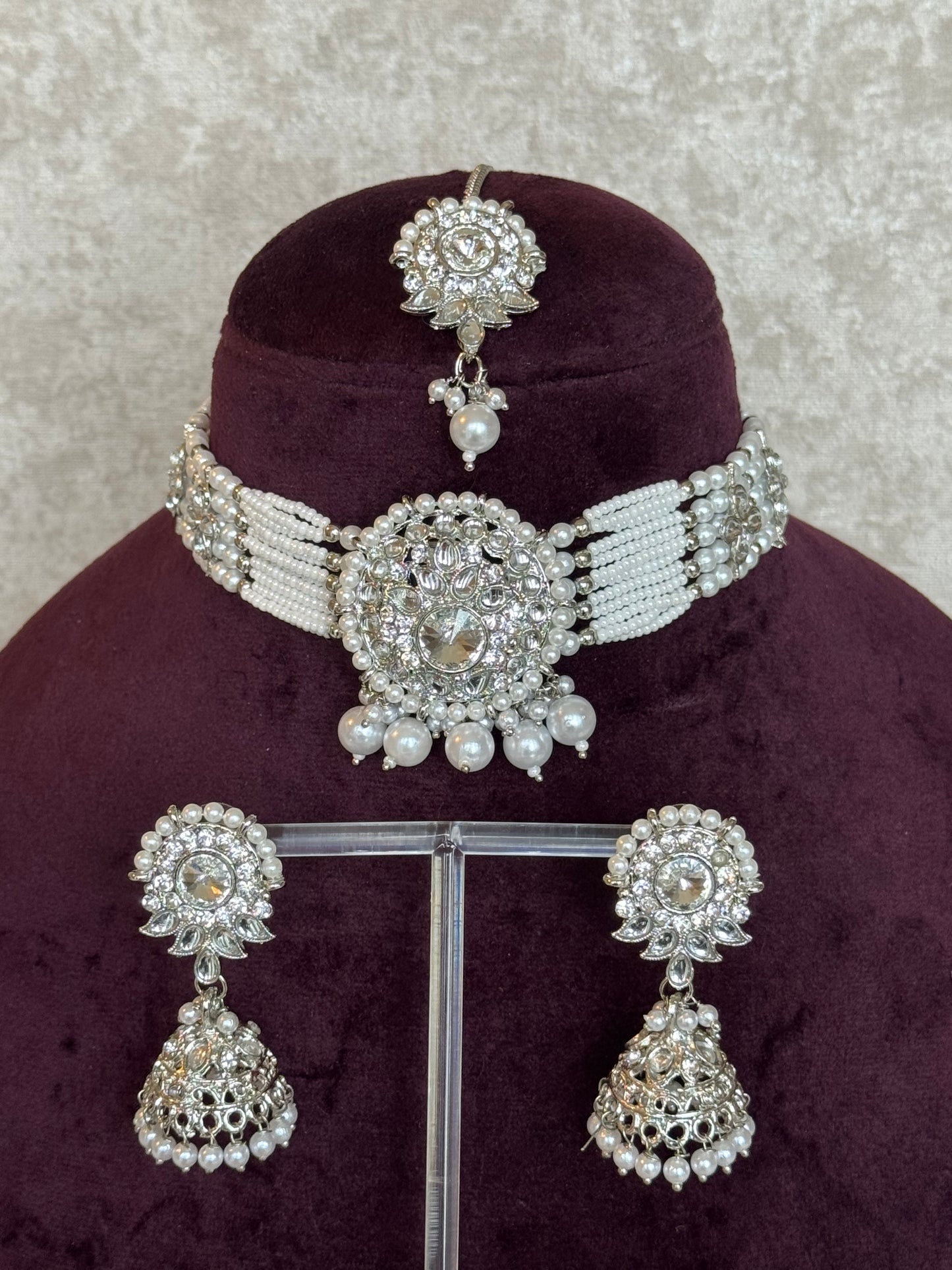 White beaded choker set | Necklace, Earrings & Tikka | The Tara Collection