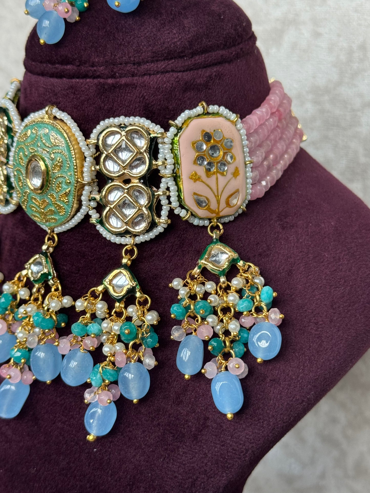 Pink & Blue Meenakari Necklace Set | The Tara Collection