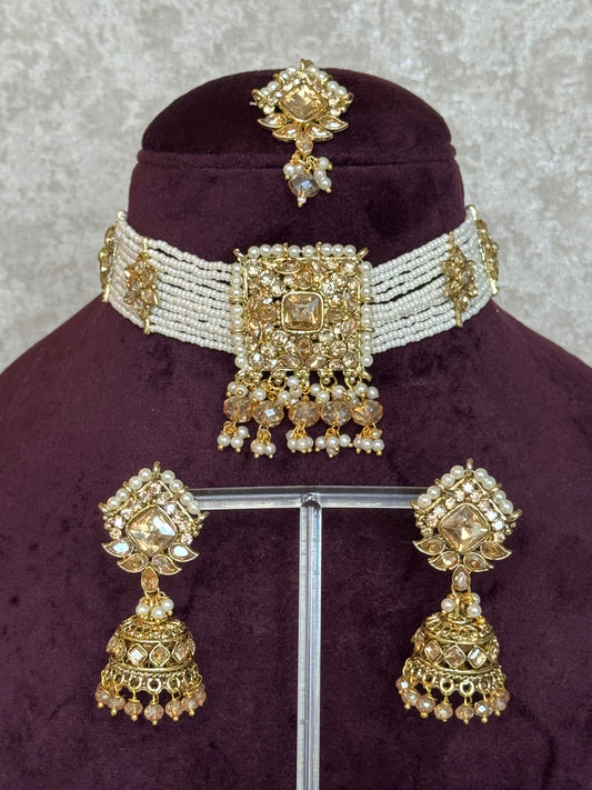 White beaded choker set | Necklace, Earrings & Tikka | The Tara Collection