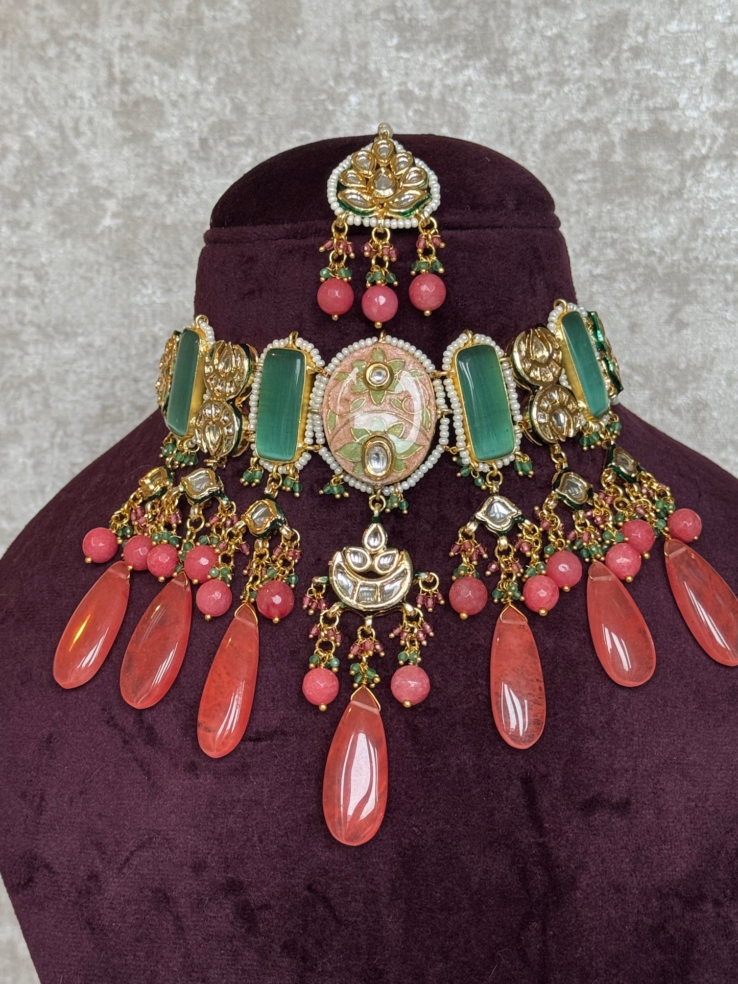 Meenakari Choker Set with stone drops | Necklace, Earrings & Tikka | The Tara Collection