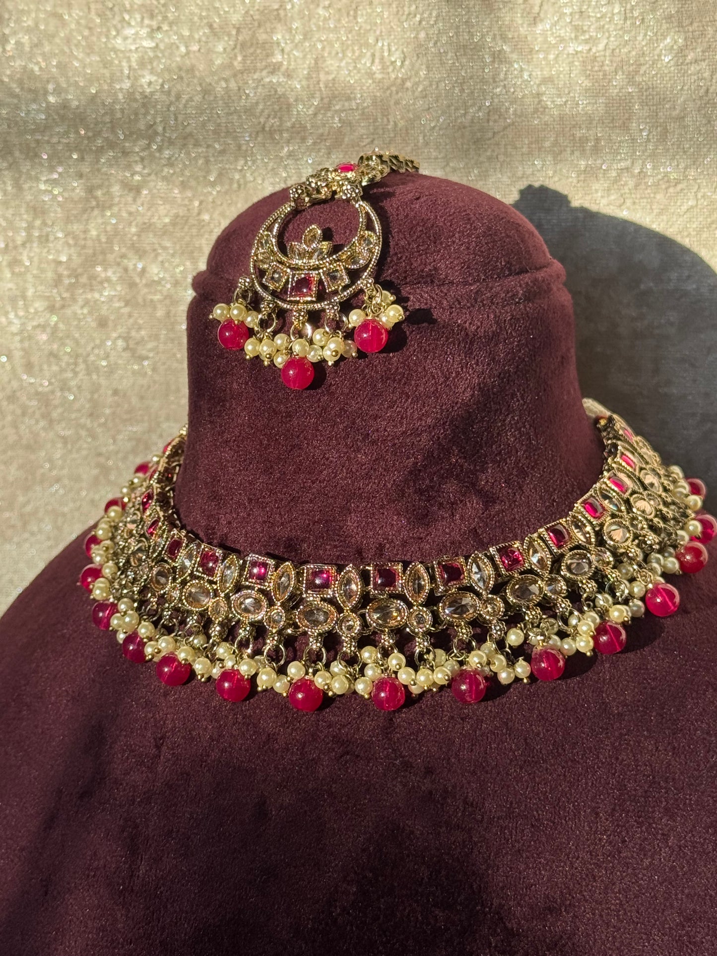 Crystal Champagne Stone Necklace Set (with earrings & tikka)