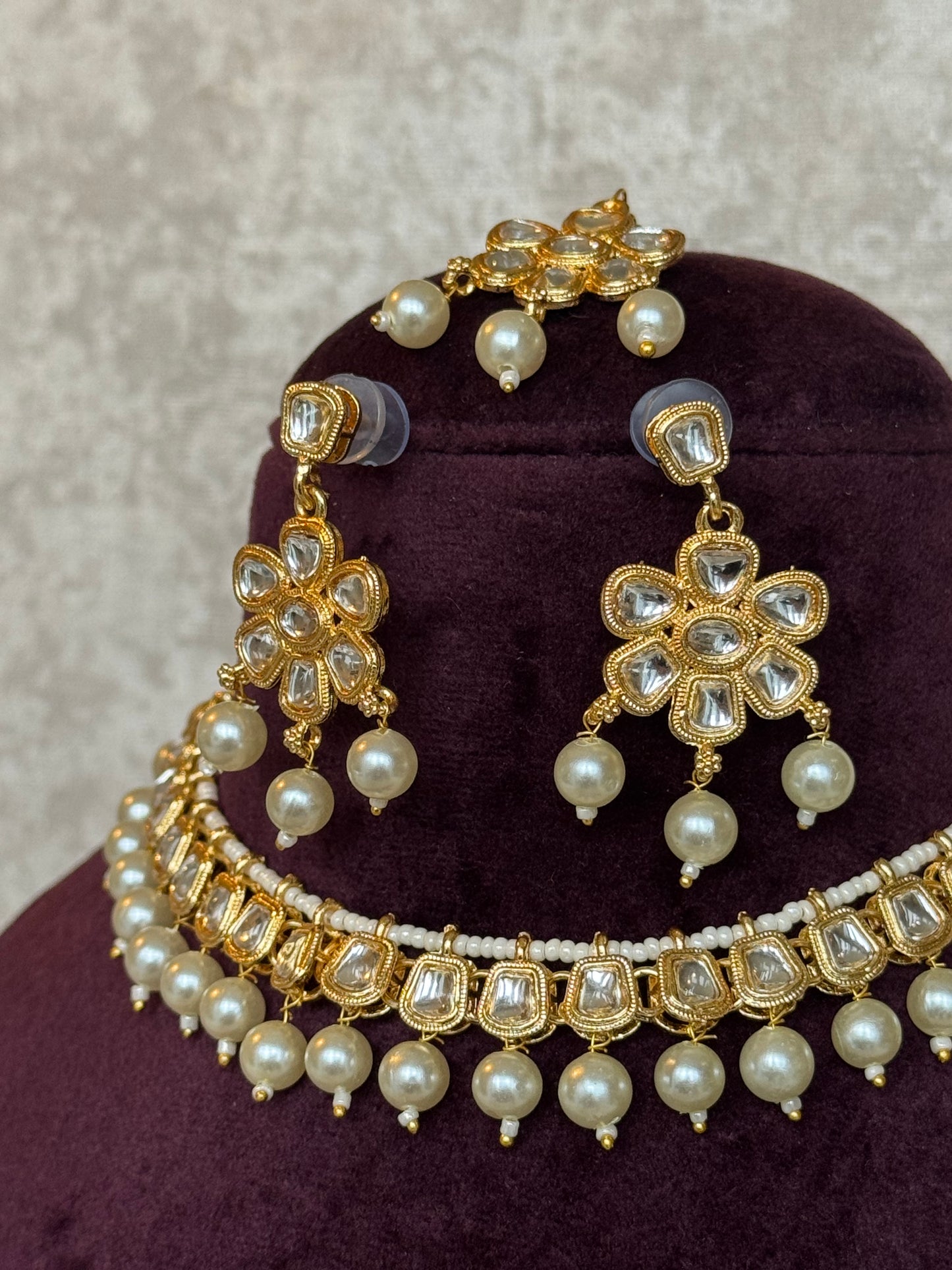 Kundan & Pearl Floral Necklace Set | Necklace, Earrings, Tikka | The Tara Collection