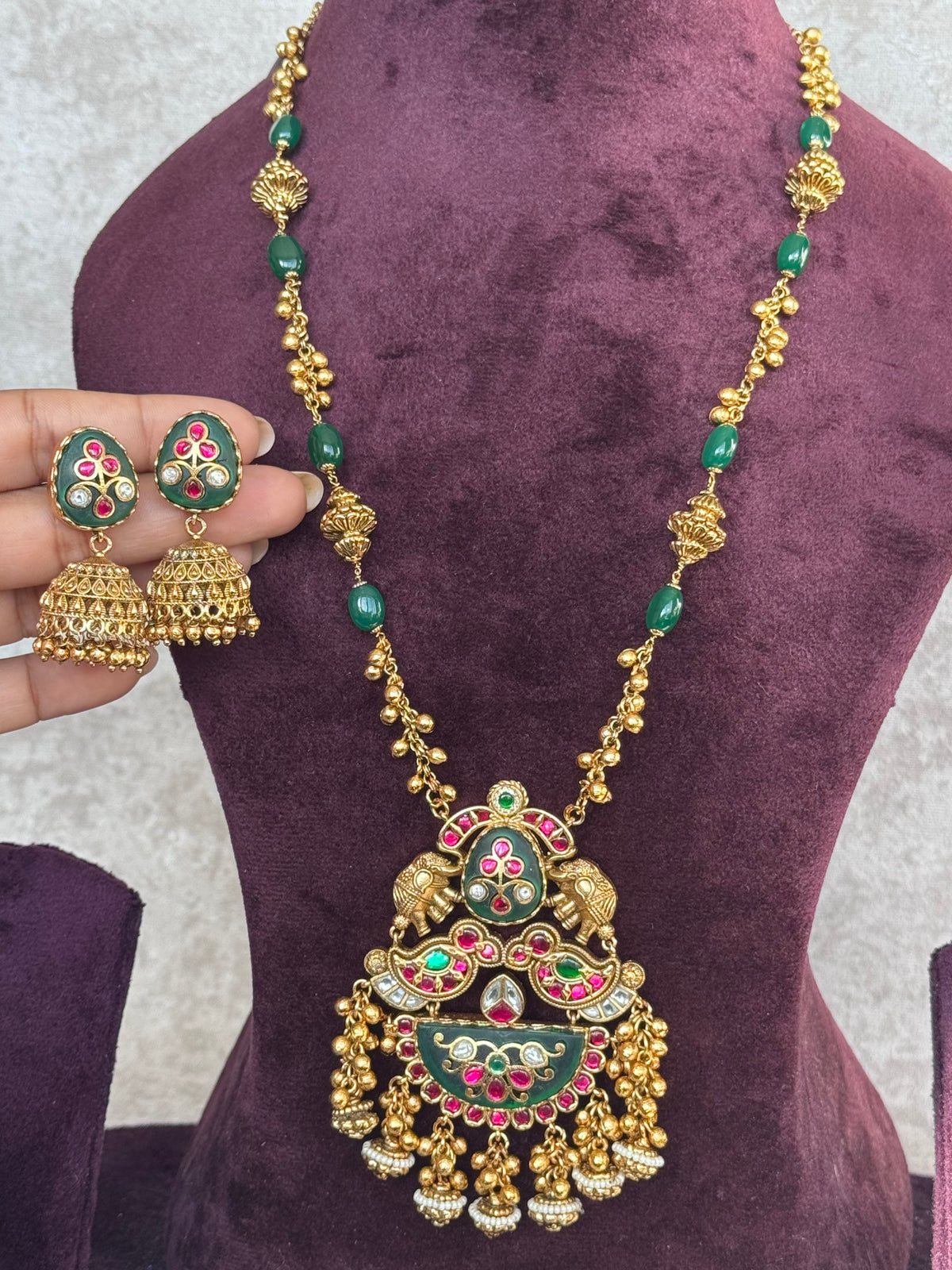 Aaradhya - Antique Rajwadi Elephant Long Necklace Set | The Tara Collection