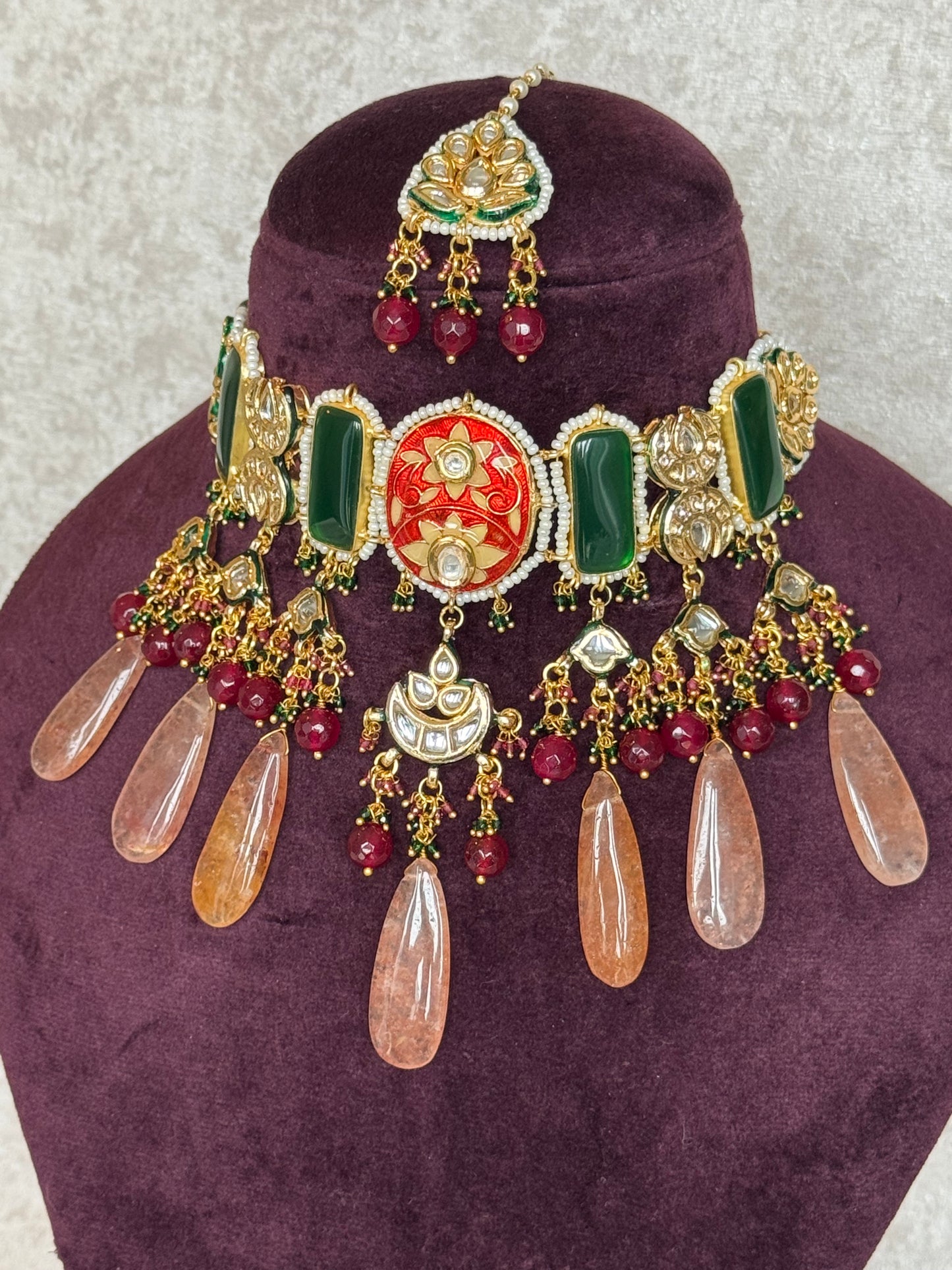Meenakari Choker Set with stone drops | Necklace, Earrings & Tikka | The Tara Collection