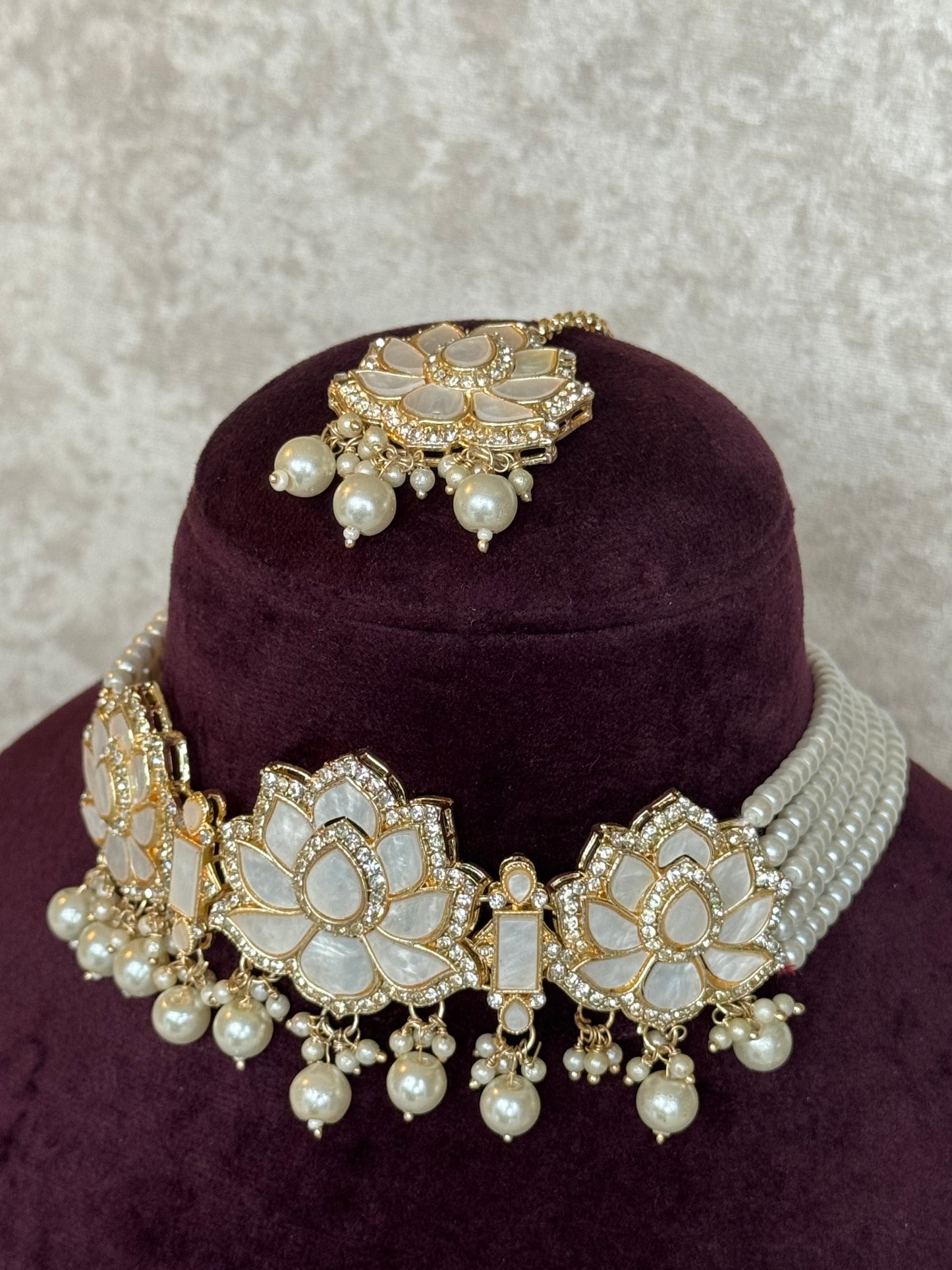 Mother of Pearl choker set | Necklace, Earrings & Tikka | The Tara Collection