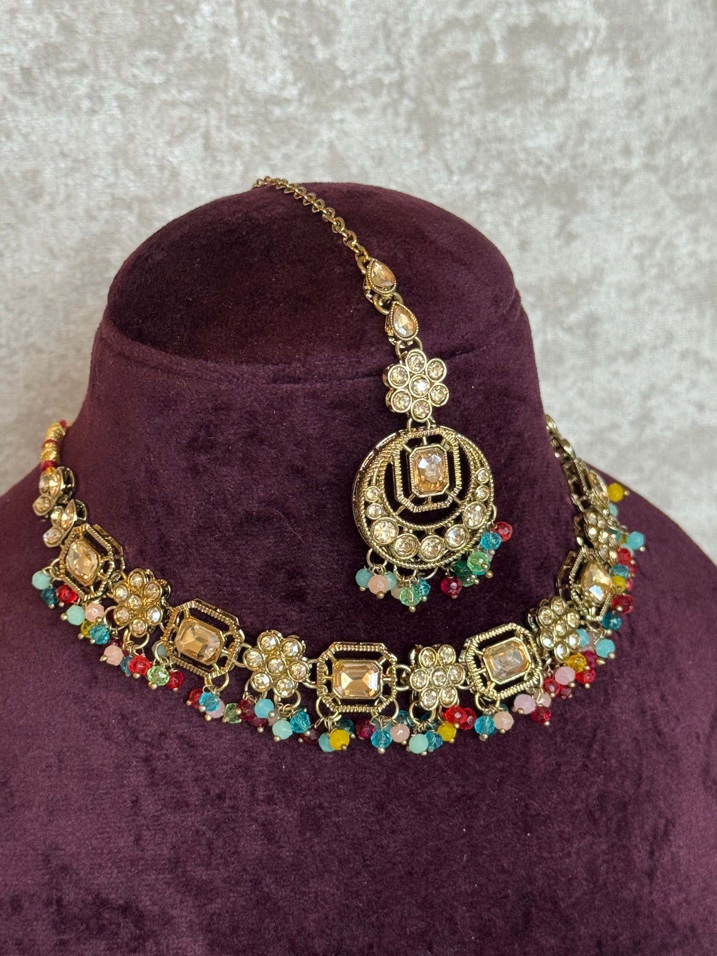 Slim Floral Necklace Set | Necklace, Earrings & Tikka | The Tara Collection