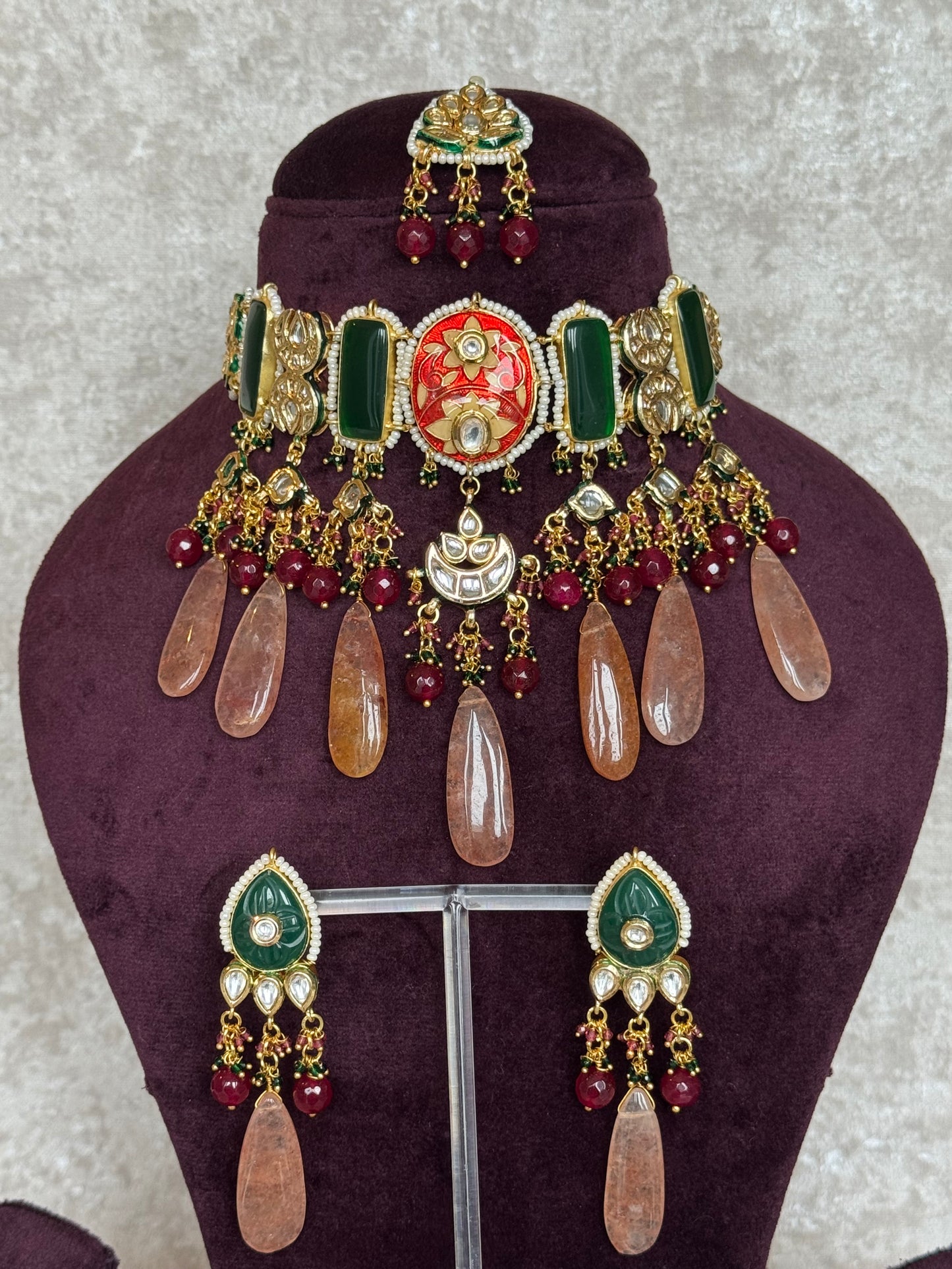 Meenakari Choker Set with stone drops | Necklace, Earrings & Tikka | The Tara Collection