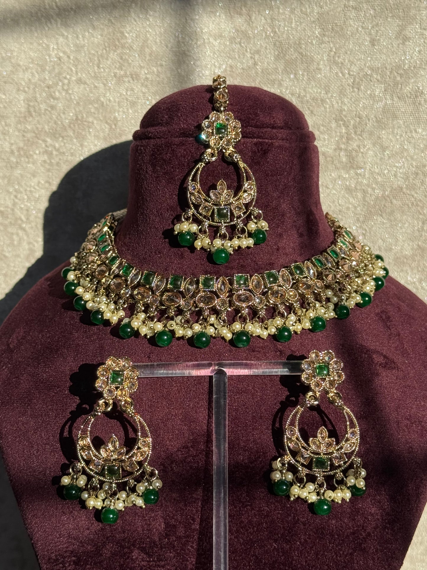 Crystal Champagne Stone Necklace Set (with earrings & tikka)