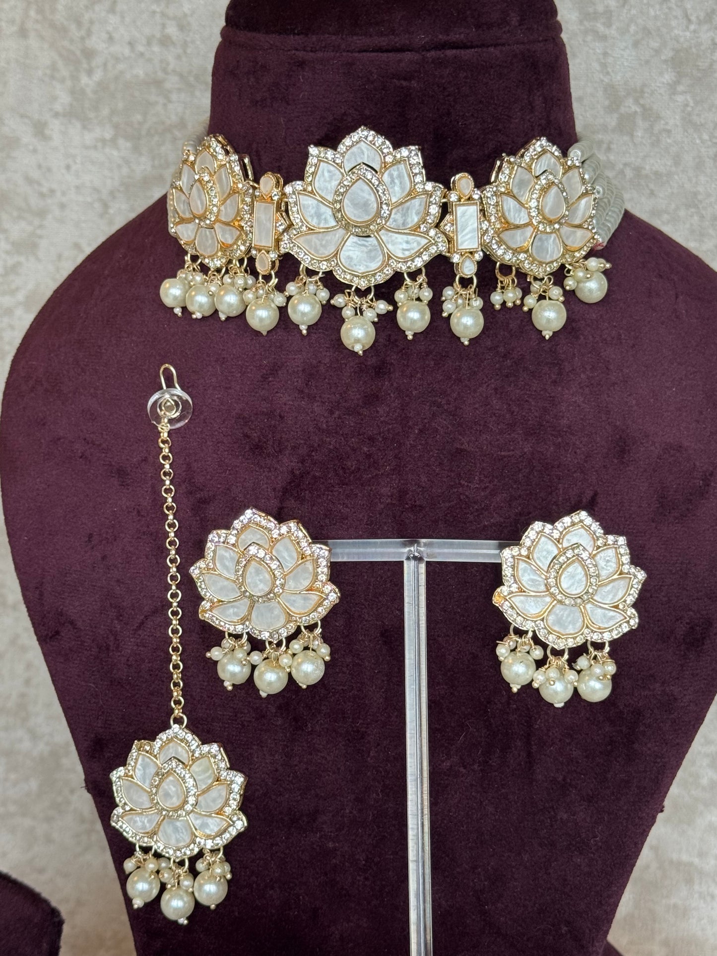 Mother of Pearl choker set | Necklace, Earrings & Tikka | The Tara Collection