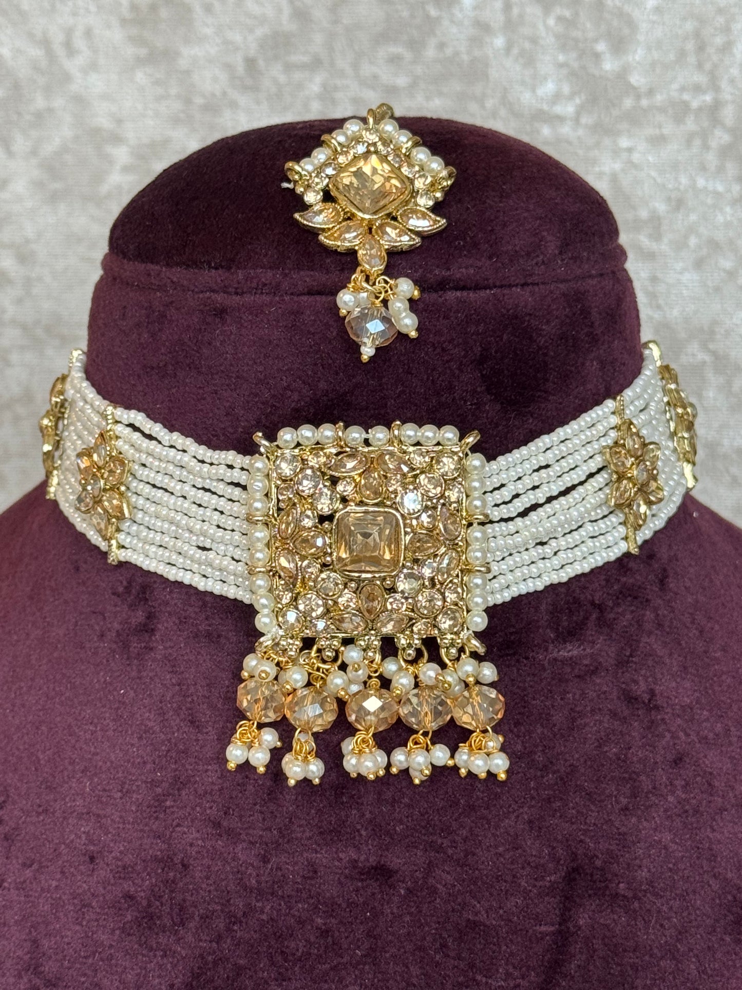 White beaded choker set | Necklace, Earrings & Tikka | The Tara Collection