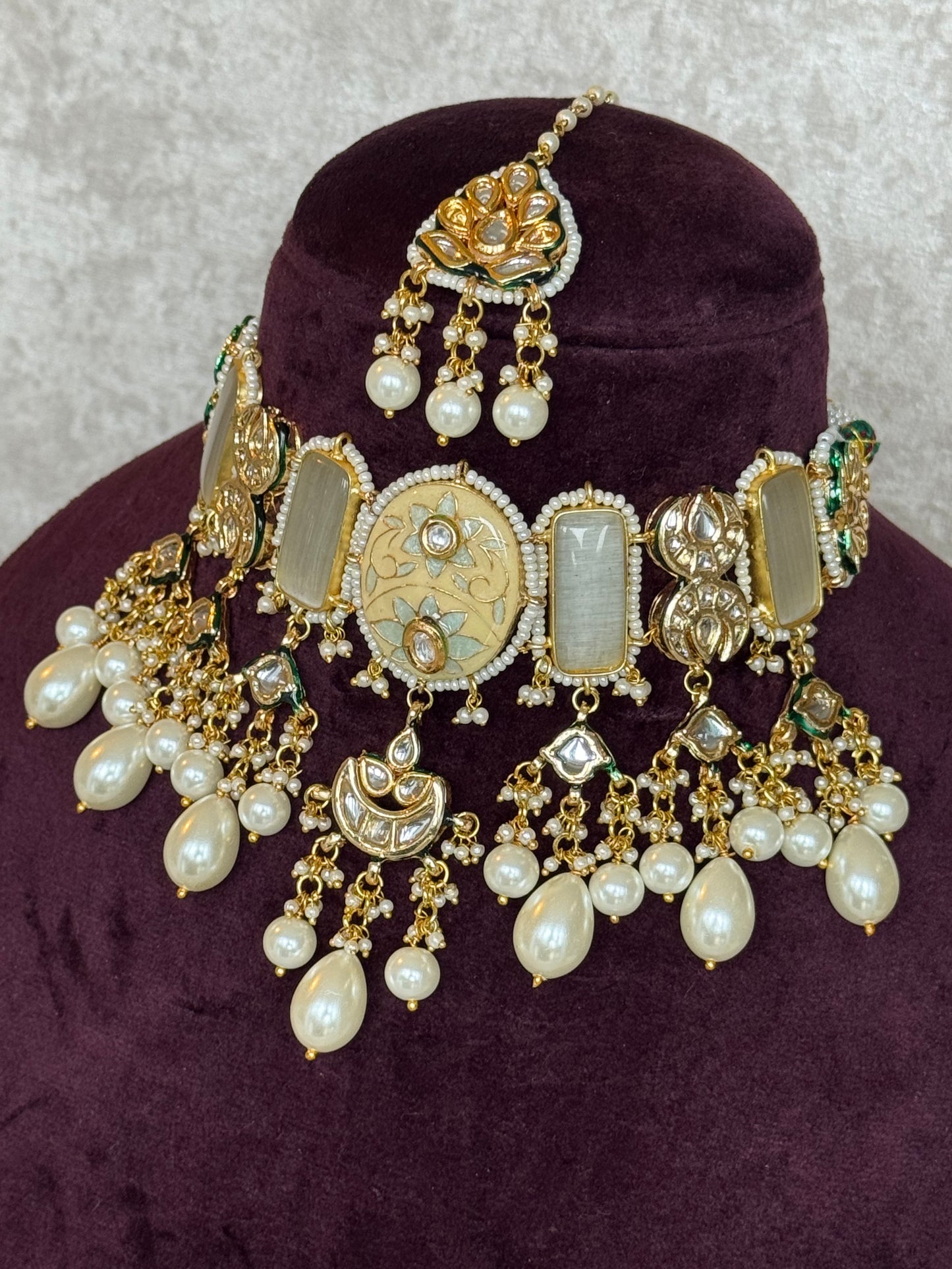 Meenakari Choker Set with stone drops | Necklace, Earrings & Tikka | The Tara Collection
