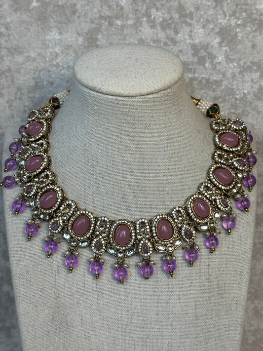 Purple & Pink Necklace Set with Tikka