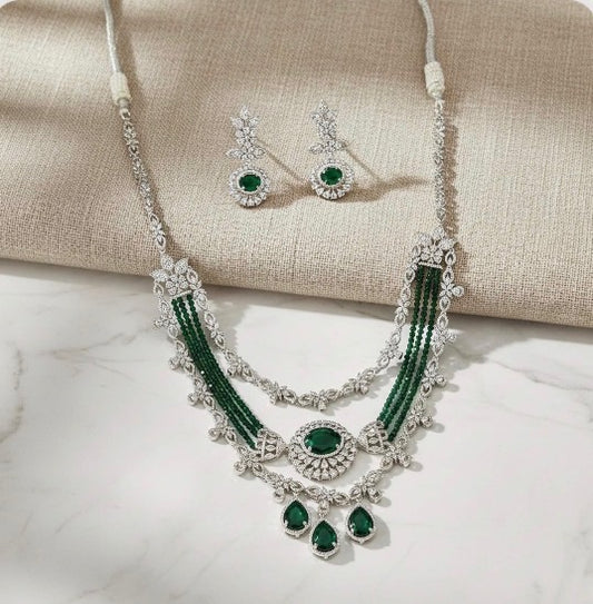 Emerald American Diamond Layered Necklace Set | The Tara Collection