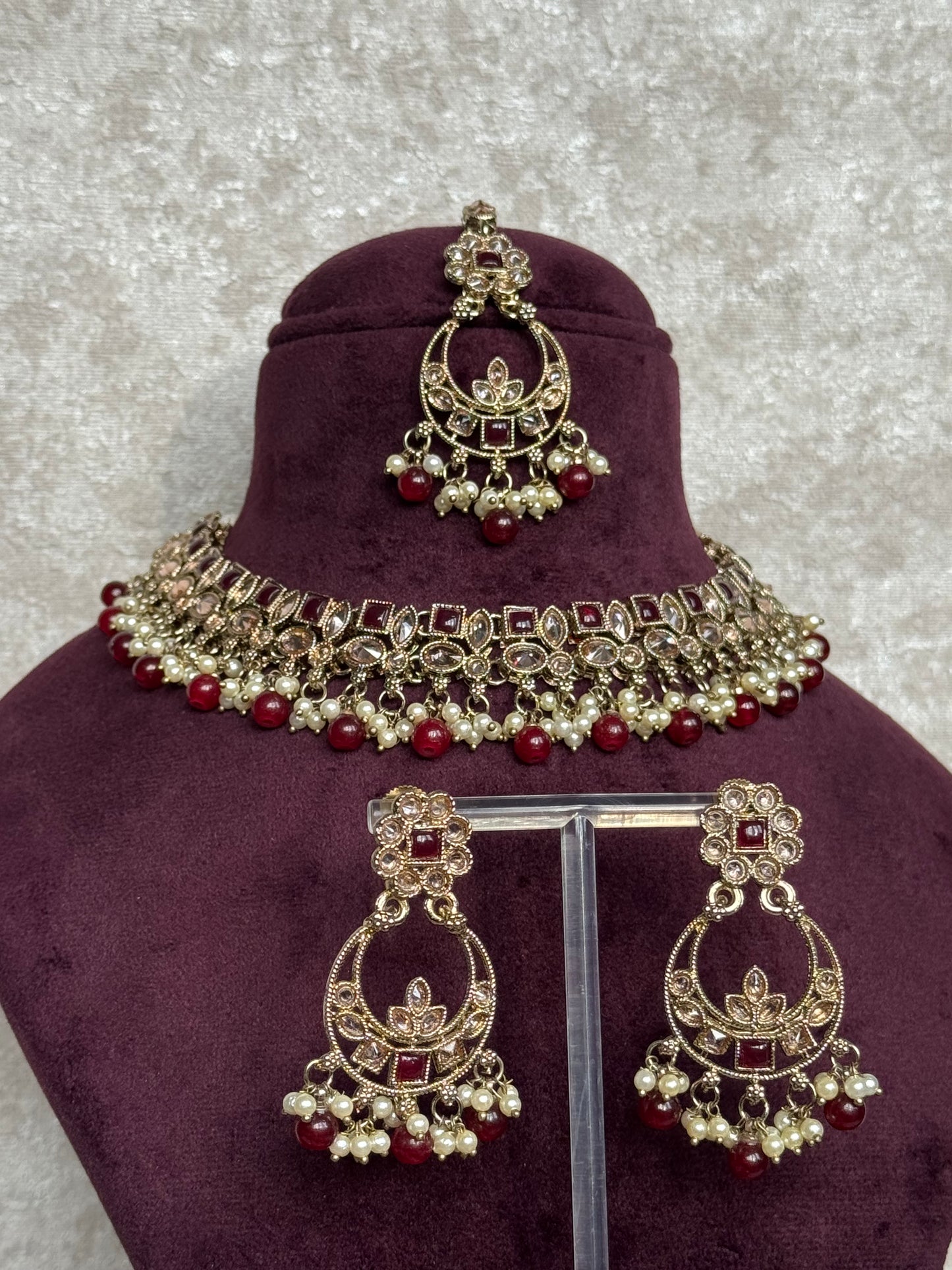 Crystal Champagne Stone Necklace Set (with earrings & tikka)