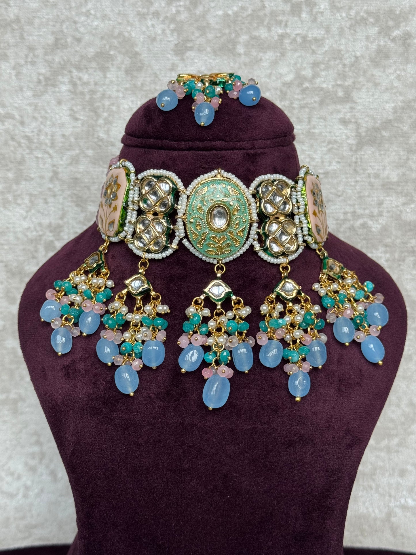 Pink & Blue Meenakari Necklace Set | The Tara Collection