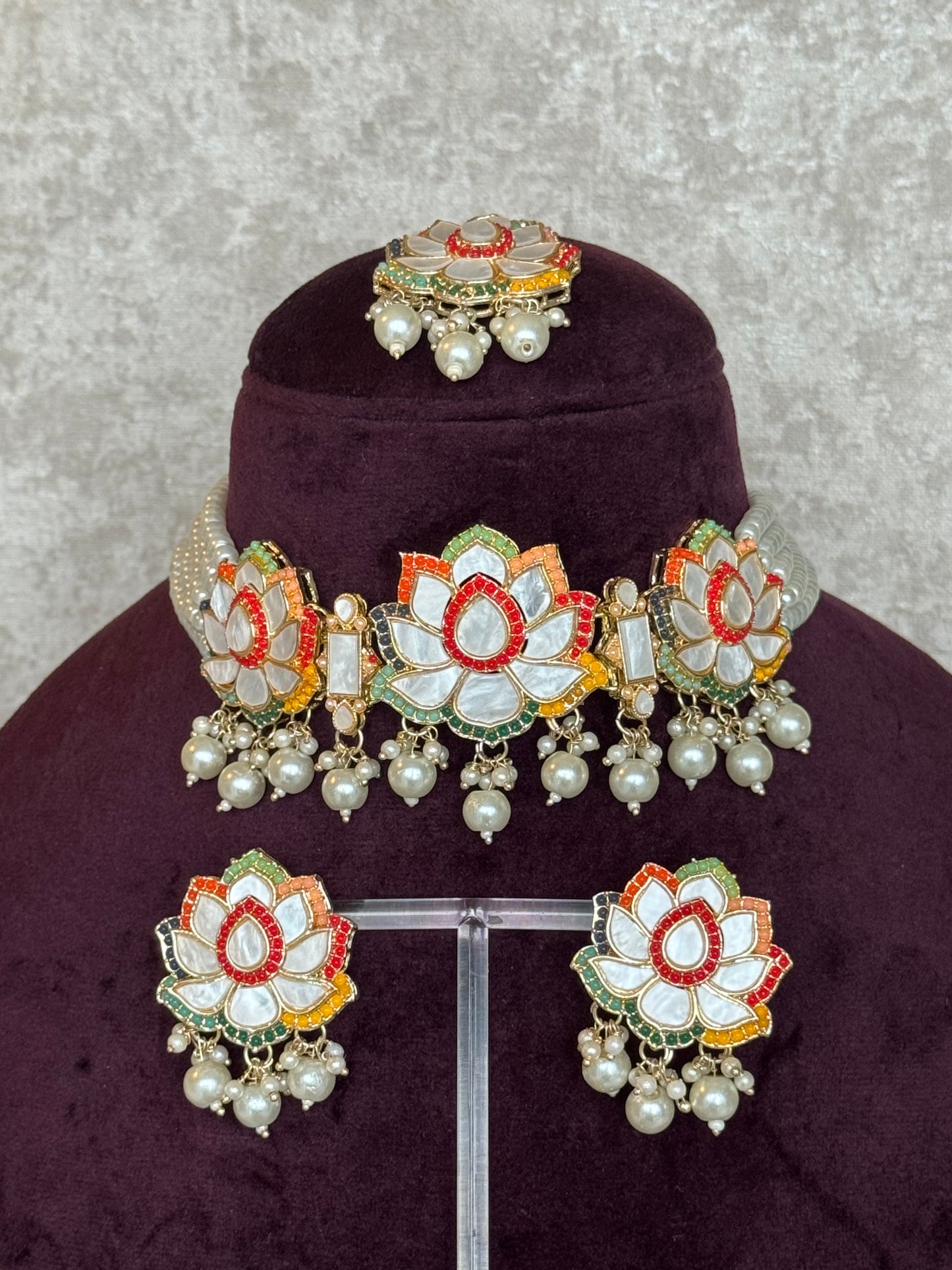 Mother of Pearl choker set | Necklace, Earrings & Tikka | The Tara Collection