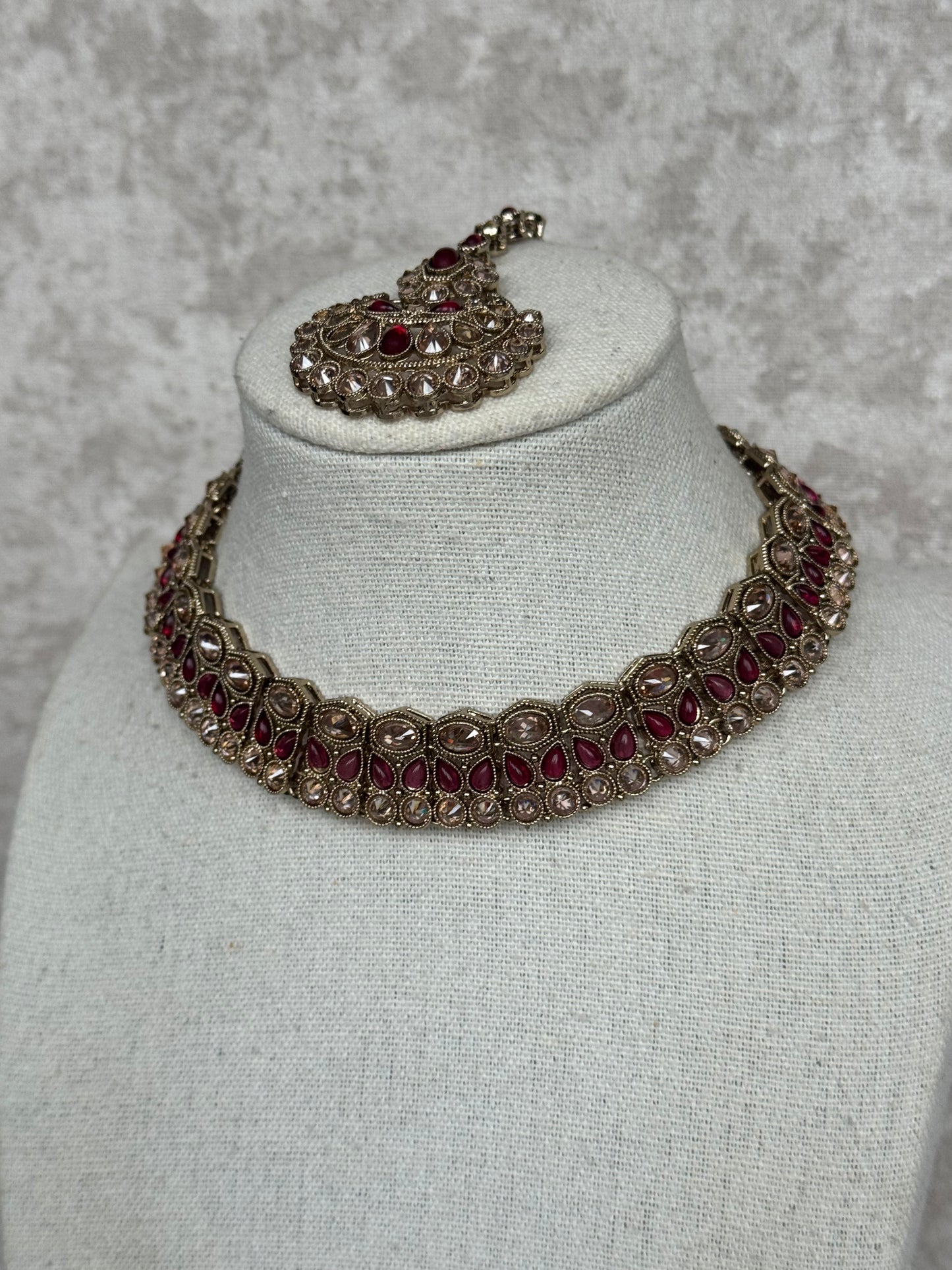 Plum Slim Necklace Set | with earrings & tikka