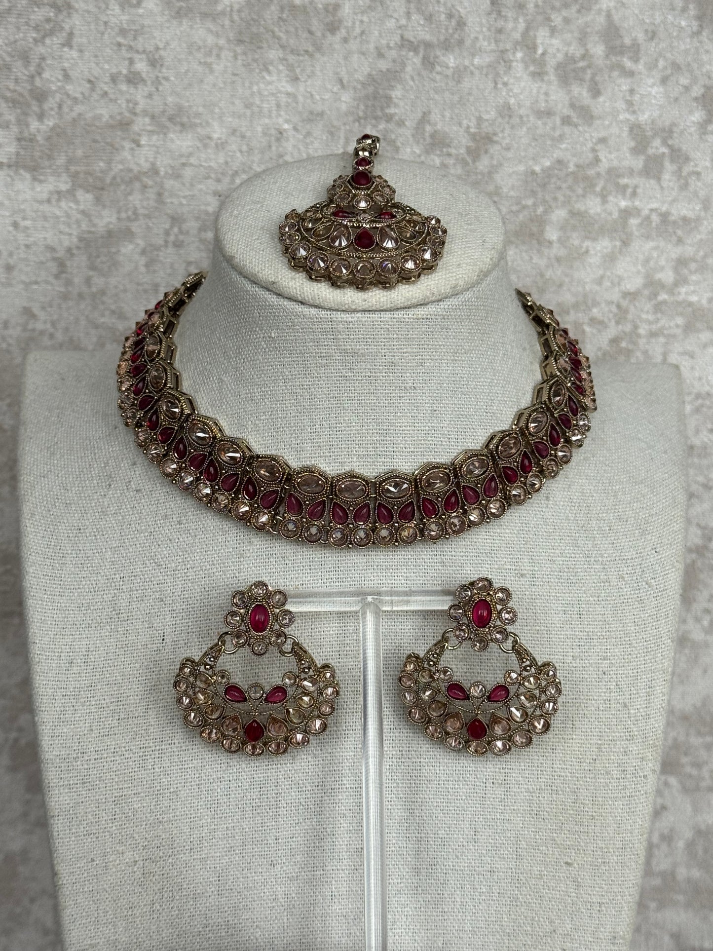 Plum Slim Necklace Set | with earrings & tikka