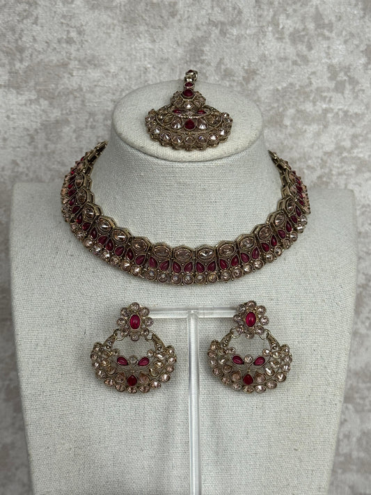 Plum Slim Necklace Set | with earrings & tikka