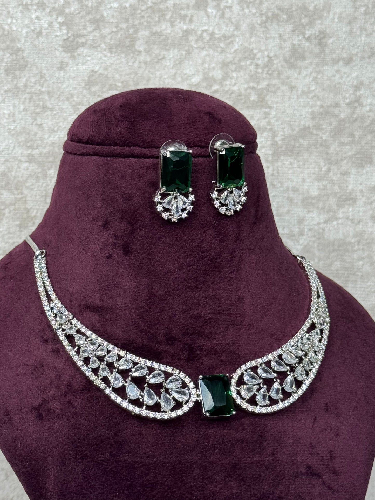 Green & Clear American Diamond Necklace Set | The Tara Collection