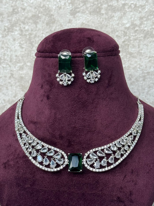 Green & Clear American Diamond Necklace Set | The Tara Collection