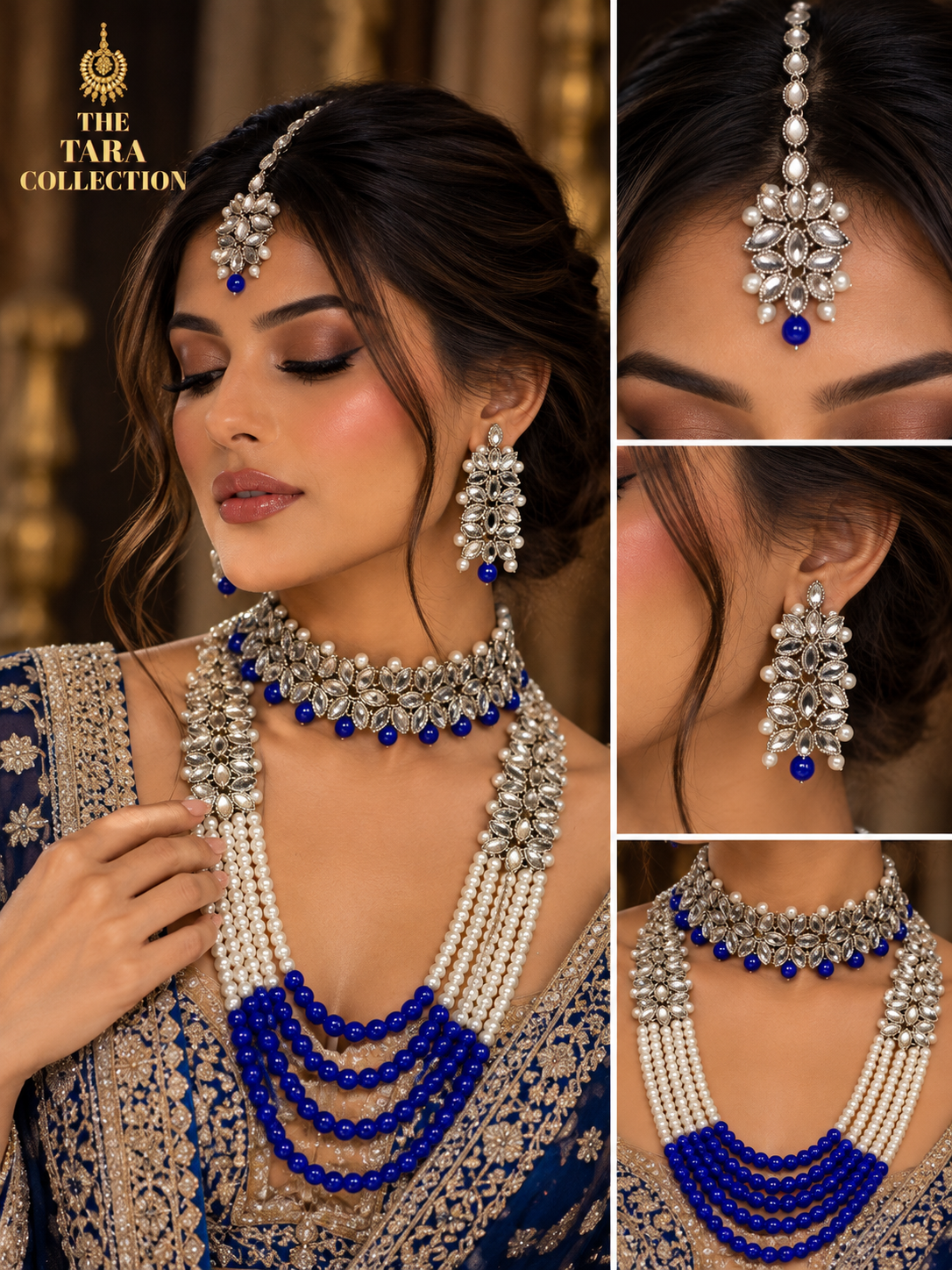 Aisha – Royal Blue & Pearl 4-Piece Necklace Set | The Tara Collection