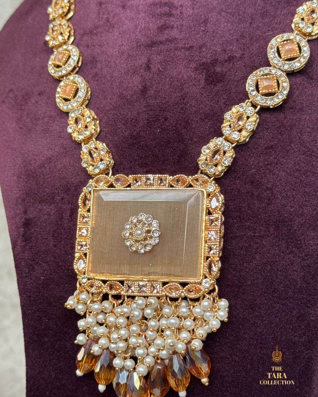 Long Peach Brushed Gold Necklace Set | The Tara Collection