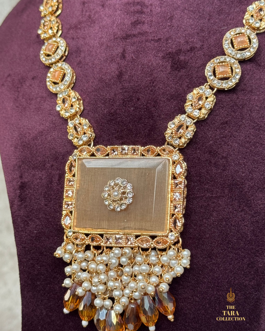 Long Peach Brushed Gold Necklace Set | The Tara Collection