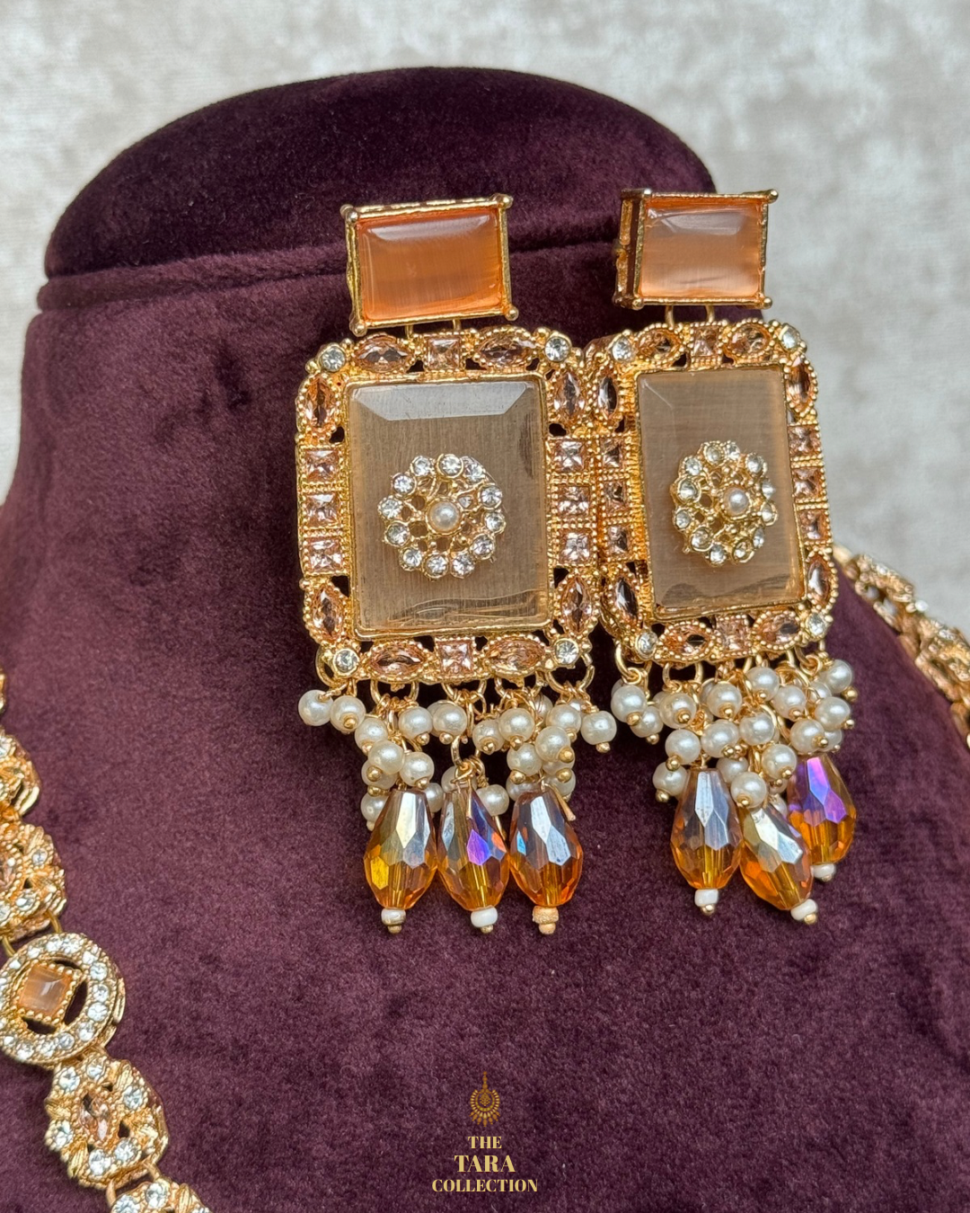 Long Peach Brushed Gold Necklace Set | The Tara Collection