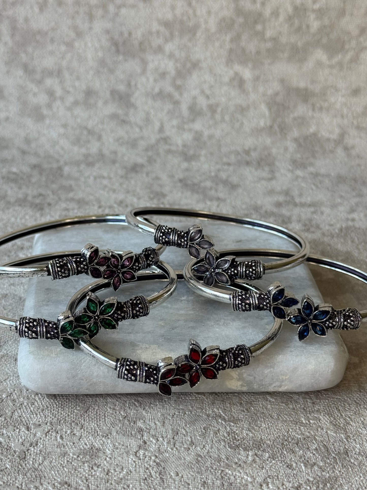 Oxidised Floral Stone Bangles – Adjustable (Multiple Colours)
